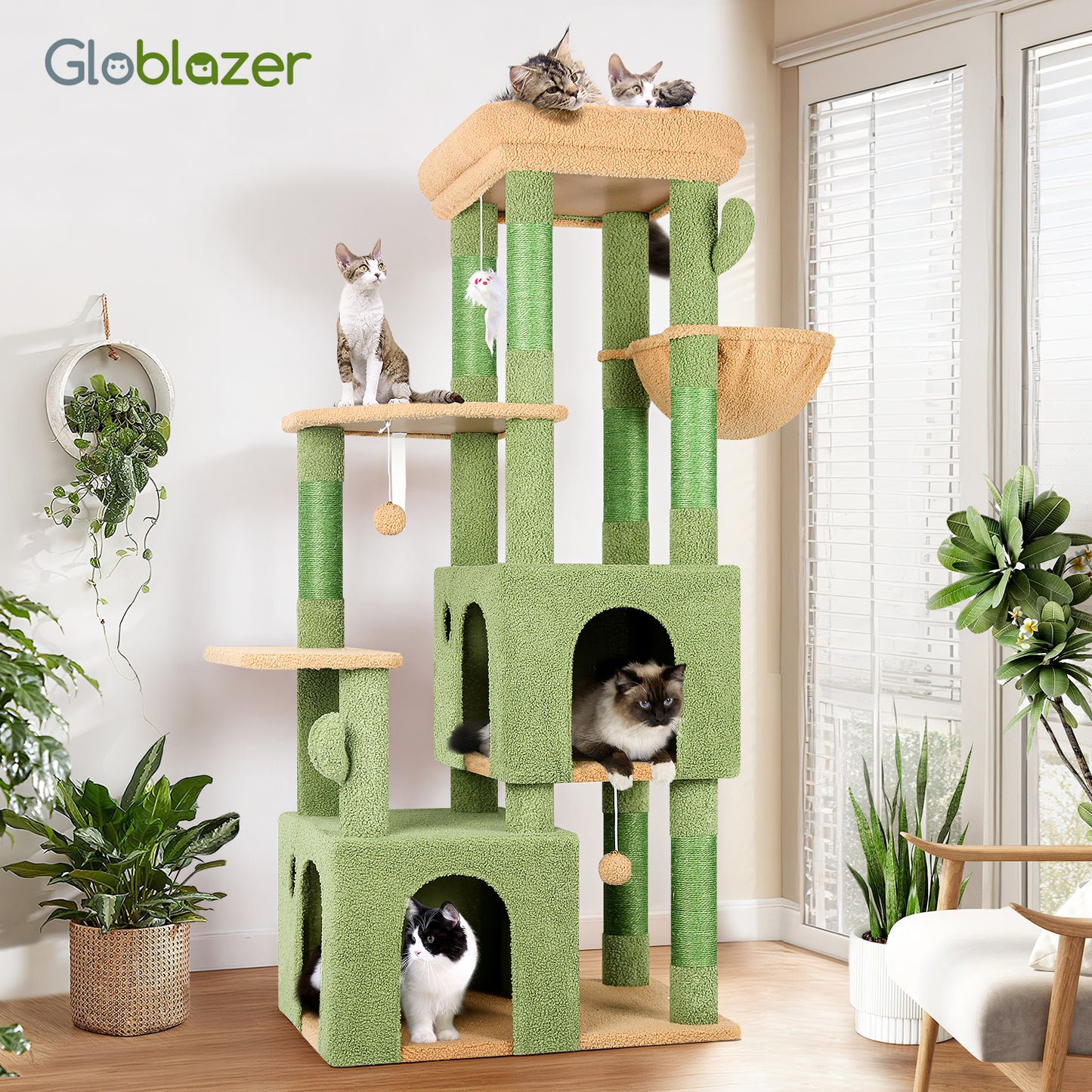 Globlazer Cactus Cat Tower for Indoor Cats, Heavy Duty Cat Trees for Large Cats Adult Big Cats Maine Coon Cat Tree Tower with Scratching Post, Extra Large Top Perch, Cat Condos, F61, Green, 61inch