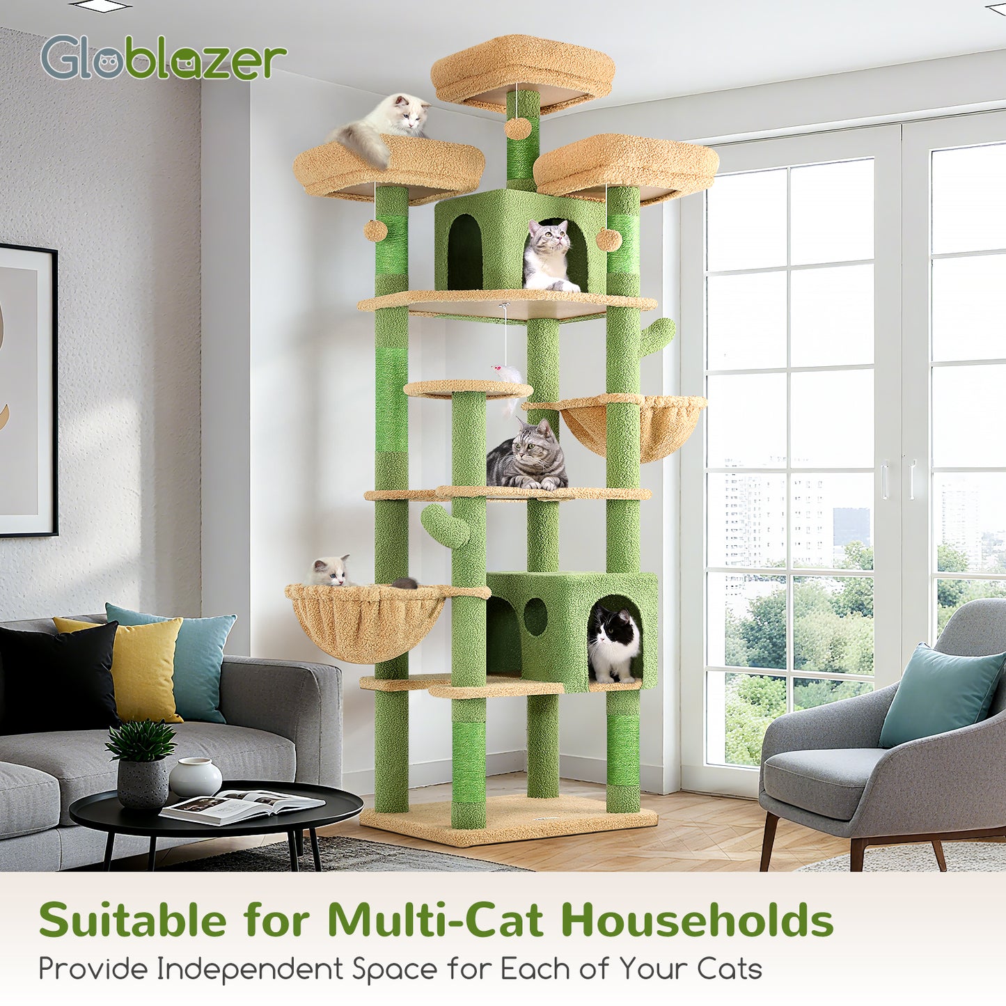Globlazer Cactus Cat Trees and Towers for Multiple Adult Cats, 82-inch XXL Tall Cat Tree Tower for Indoor Cats with Scratching Post, 3 Perches, 2 Condos, 2 Hanging Baskets, F82, Green