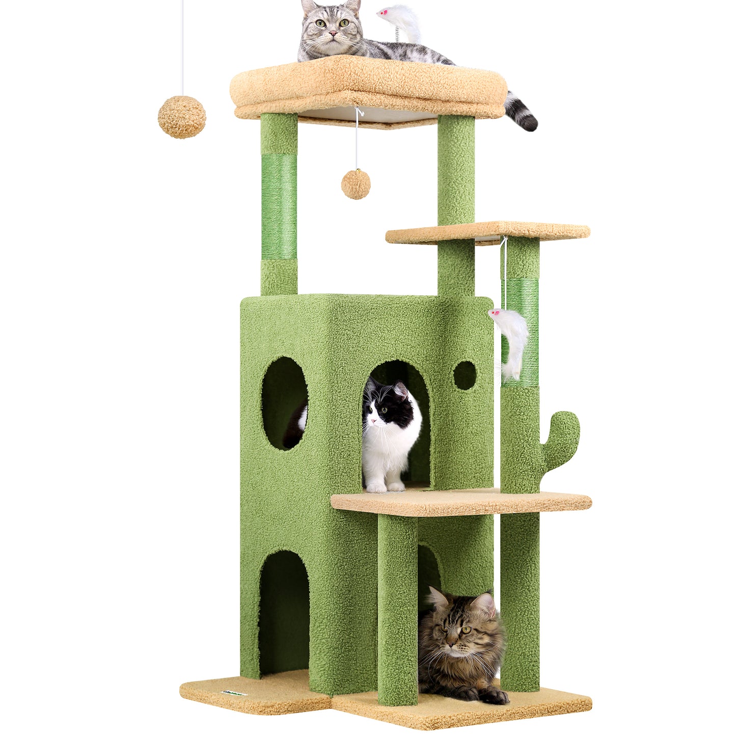 Globlazer Cactus Cat Tree Tower for Indoor Cats, 50-inch Adult Cat Tree House for Large Adult Cats with Steps, Scratching Post, 2 Cat Caves, Dangling Toys, FC50, Green