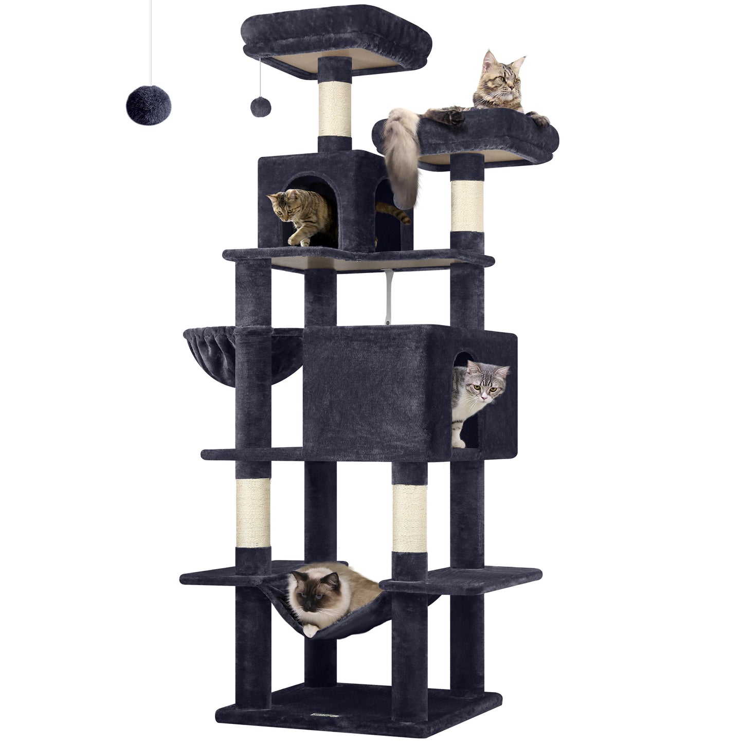 Globlazer Cat Tree Tower, 76-Inch Extra Tall Multi-Level Cat Furniture with Cozy Condos, Hammock and Perches for Adult Cats, Perfect for Climbing, Scratching, and Play, F76, Dark Grey
