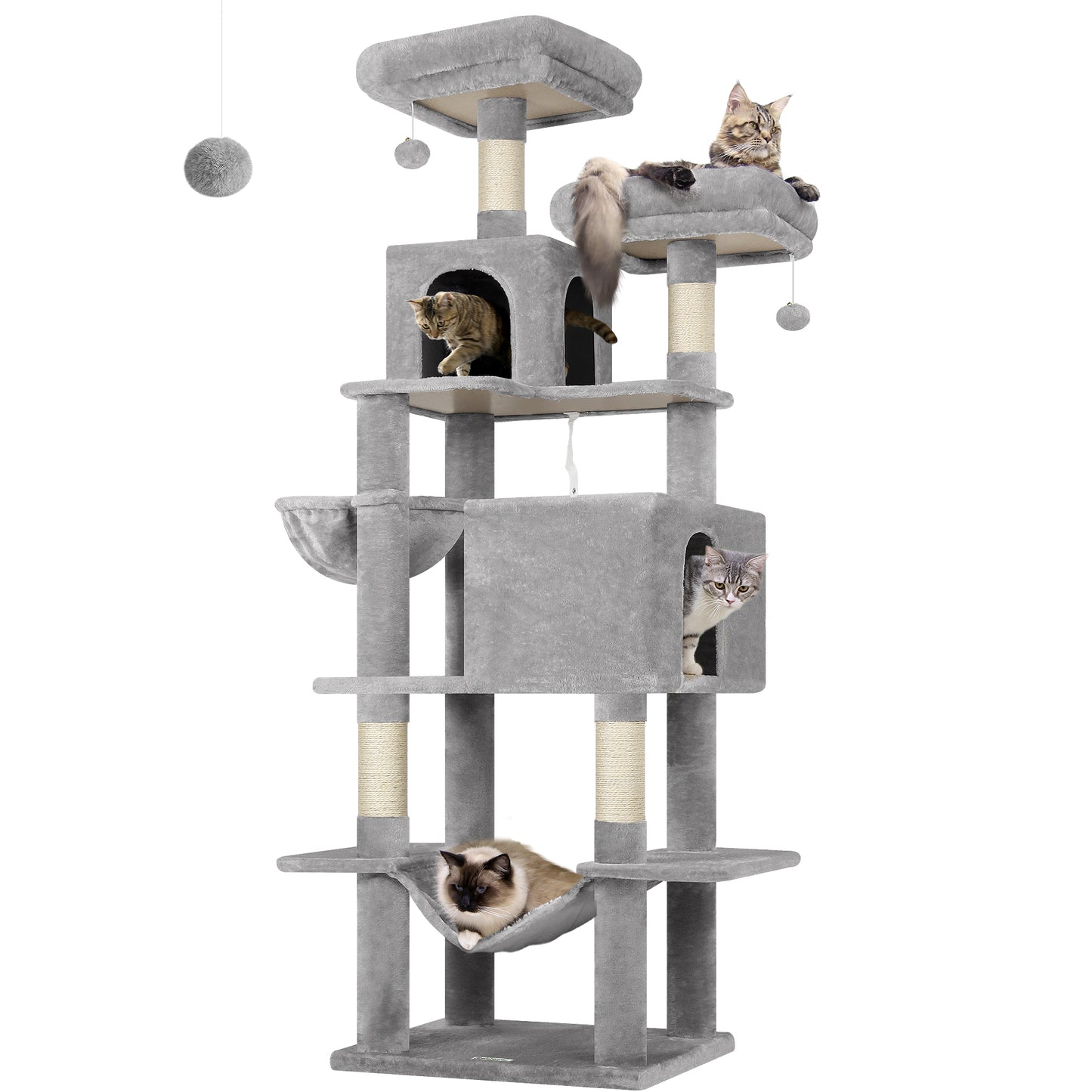 Globlazer Cat Tree Tower, 76-Inch Extra Tall Multi-Level Cat Furniture with Cozy Condos, Hammock and Perches for Adult Cats, Perfect for Climbing, Scratching, and Play, F76, Light Grey