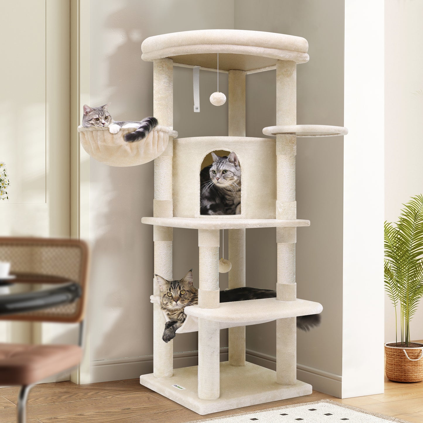 Globlazer Corner Cat Tree Tower with Scratching Post for Indoor Cats, 51in Plush Multi-Level Cat Tower with Large Hammock, Fan-Shaped Padded Perch, Spacious Cat Condo, Hanging Basket, C51, Light Beige