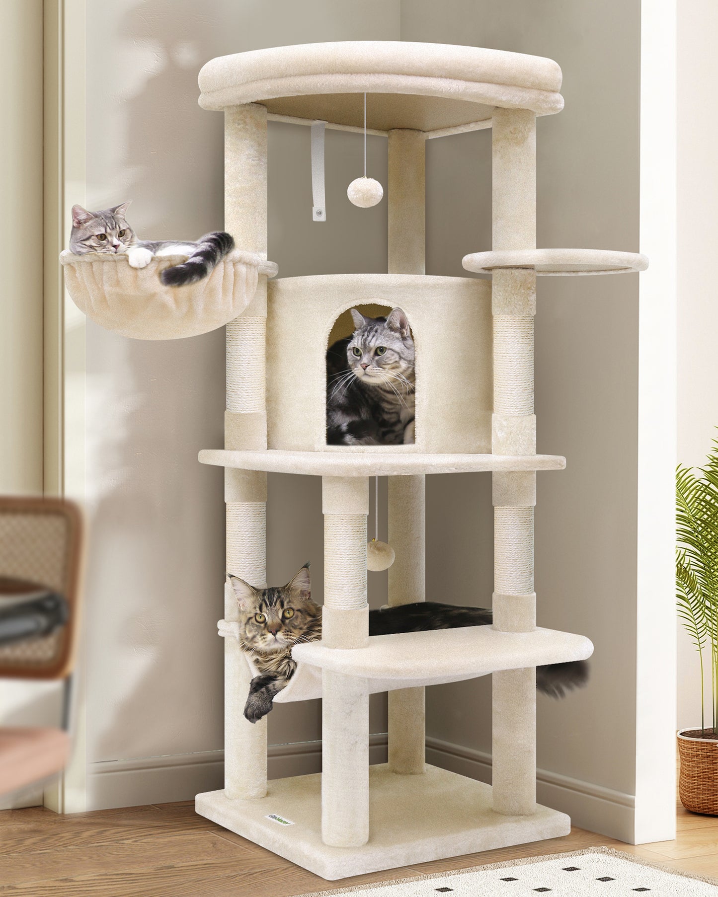 Globlazer Corner Cat Tree Tower with Scratching Post for Indoor Cats, 51in Plush Multi-Level Cat Tower with Large Hammock, Fan-Shaped Padded Perch, Spacious Cat Condo, Hanging Basket, C51, Light Beige