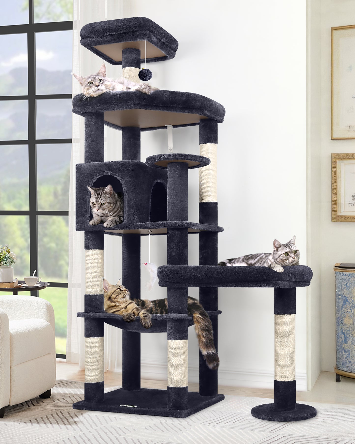 Globlazer Extra Large Platform Cat Tree, 65in Sturdy Cat Scratching Tree for Indoor Cats Large Adult, Big Cat Perch Tower with 3 Padded Perches, 6 Scratching Posts, Cat Condo, Hammock, S65, Dark Grey