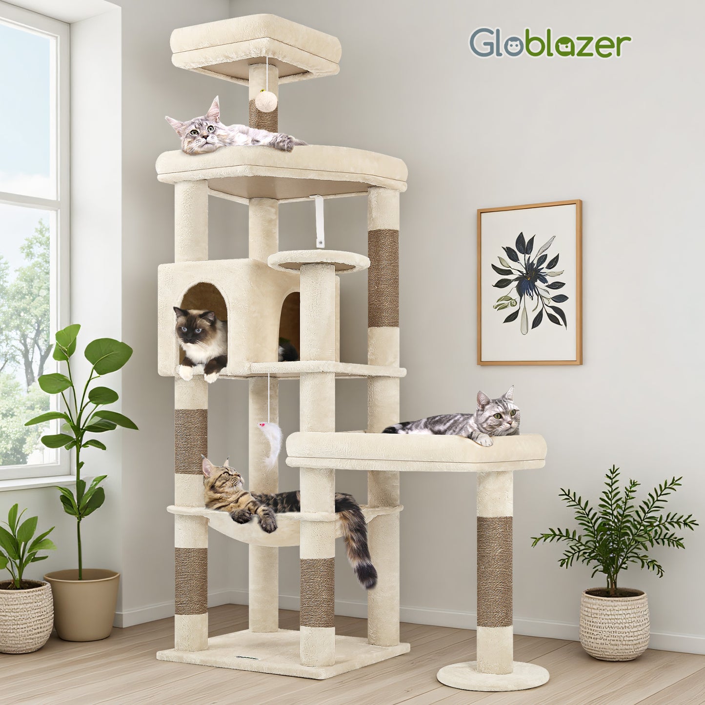 Globlazer Extra Large Platform Cat Tree, 65in Tall Sturdy Cat Tree for Indoor Cats Large Adult, Big Cat Tower for Big Cats with 3 Enlarged Perches, 6 Scratching Posts, Cat Condo, Hammock, S65, Beige