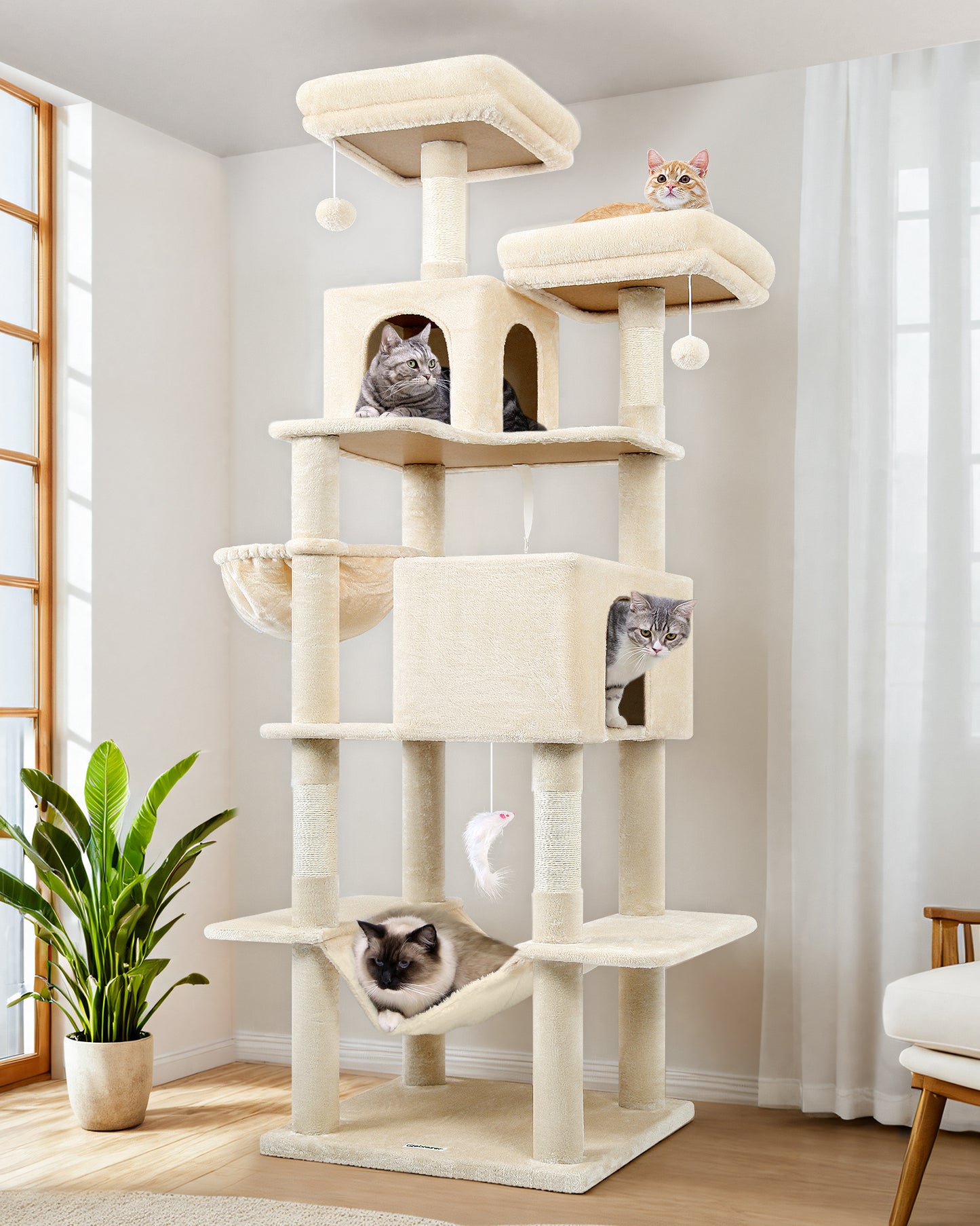 Globlazer Cat Tree Tower, 76-Inch Extra Tall Multi-Level Cat Furniture with Cozy Condos, Hammock and Perches for Adult Cats, Perfect for Climbing, Scratching, and Play, F76, Beige