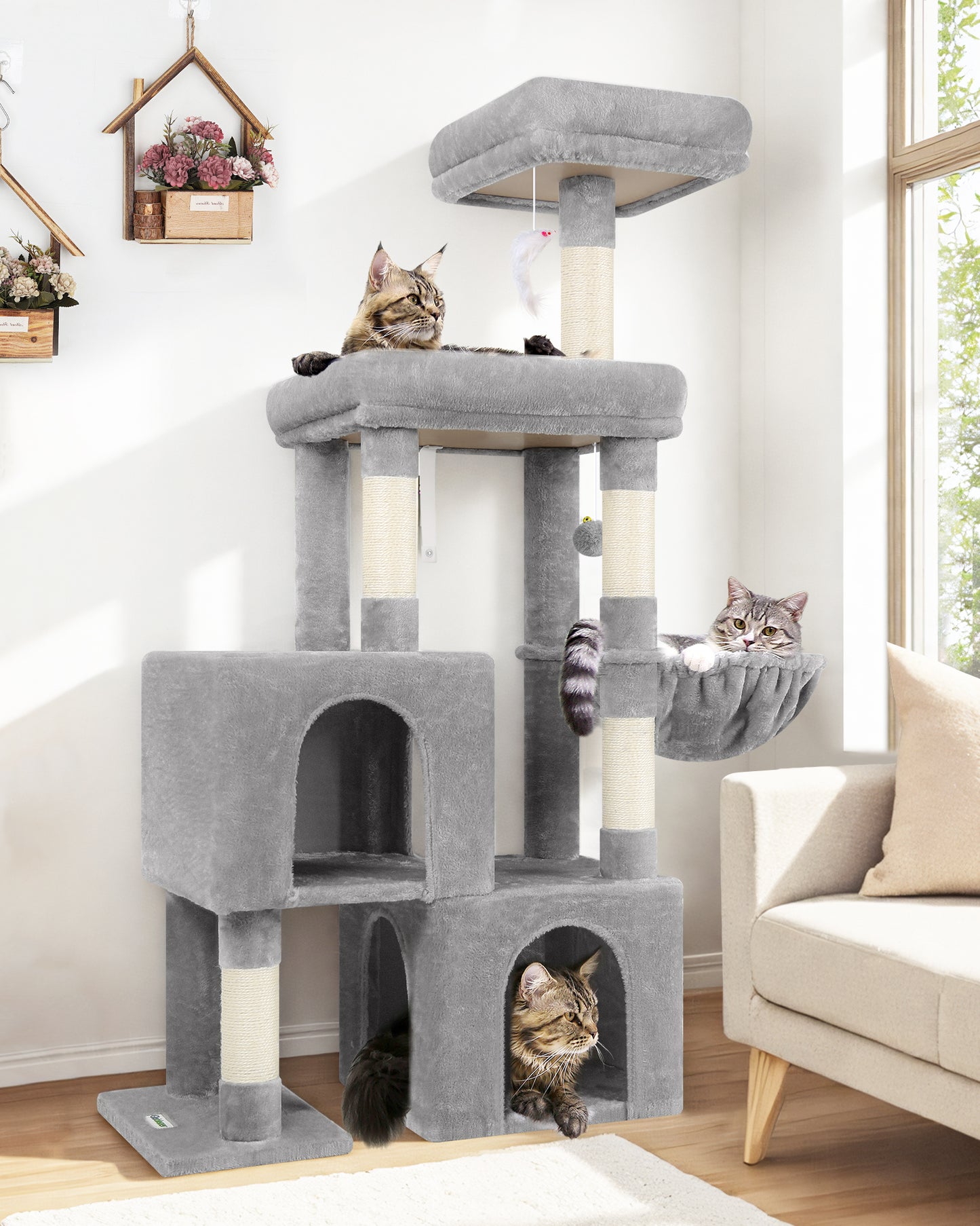 Globlazer Cat Tower for Indoor Cats, 52in Multi-Level Cat Tower with 5 Sisal Scratching Posts, Cat Tree House with 2 Padded Perches, 2 Cozy Condos, Big Hanging Basket, Hanging Toys, S52, Light Gray