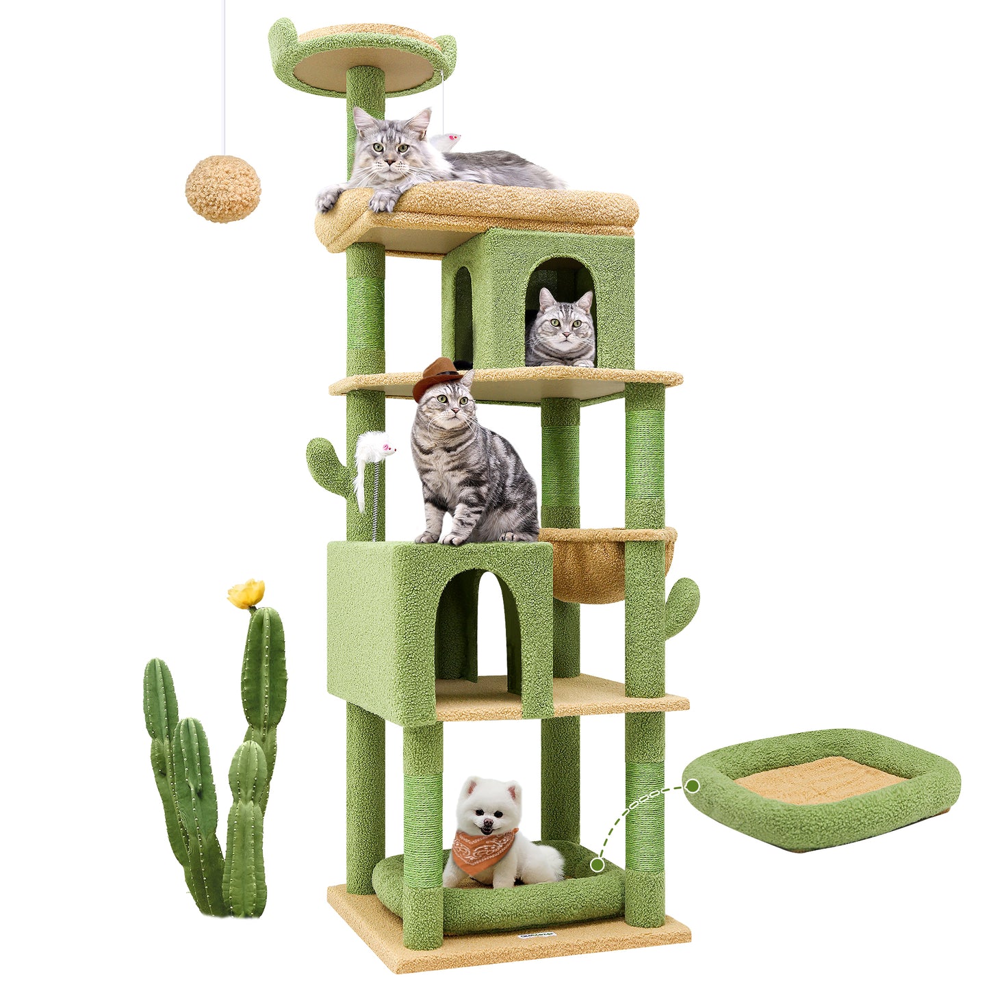 Globlazer Heavy Duty Cactus Cat Trees for Large Cats, Sturdy 72in Maine Coon Cat Tree for Large Cats 20 lbs+ Heavy Duty Cat Tower for Adult Biggest Cat with 6 Scratching Posts, Hammock, S72, Green