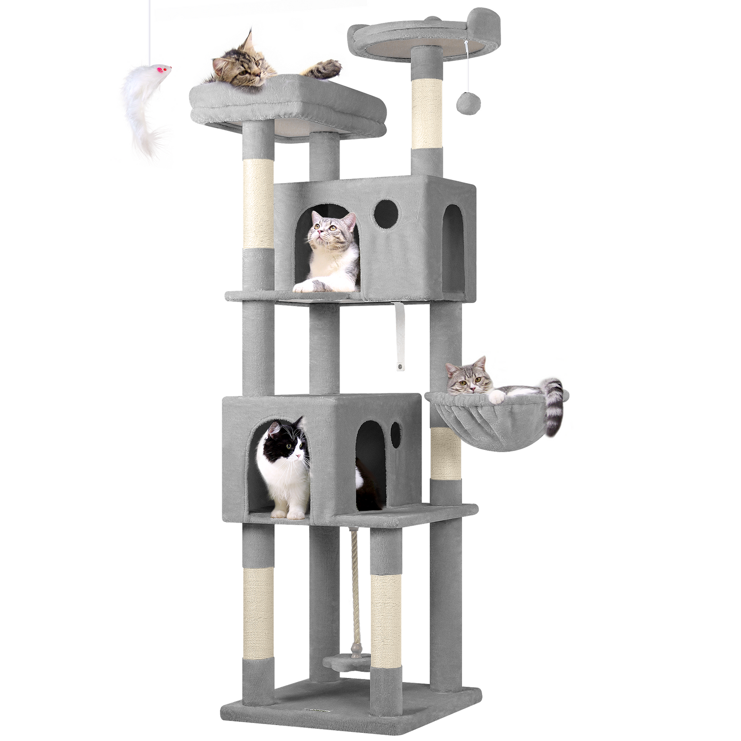 Globlazer Cat Tree, 70 inch Tall Scratching Tower Multi-Level Cat Condo for Indoor Multiple Cats with 2 Large Cat Caves, Top Perch, Large Platform, Bottom Swing, F70B, Light Grey