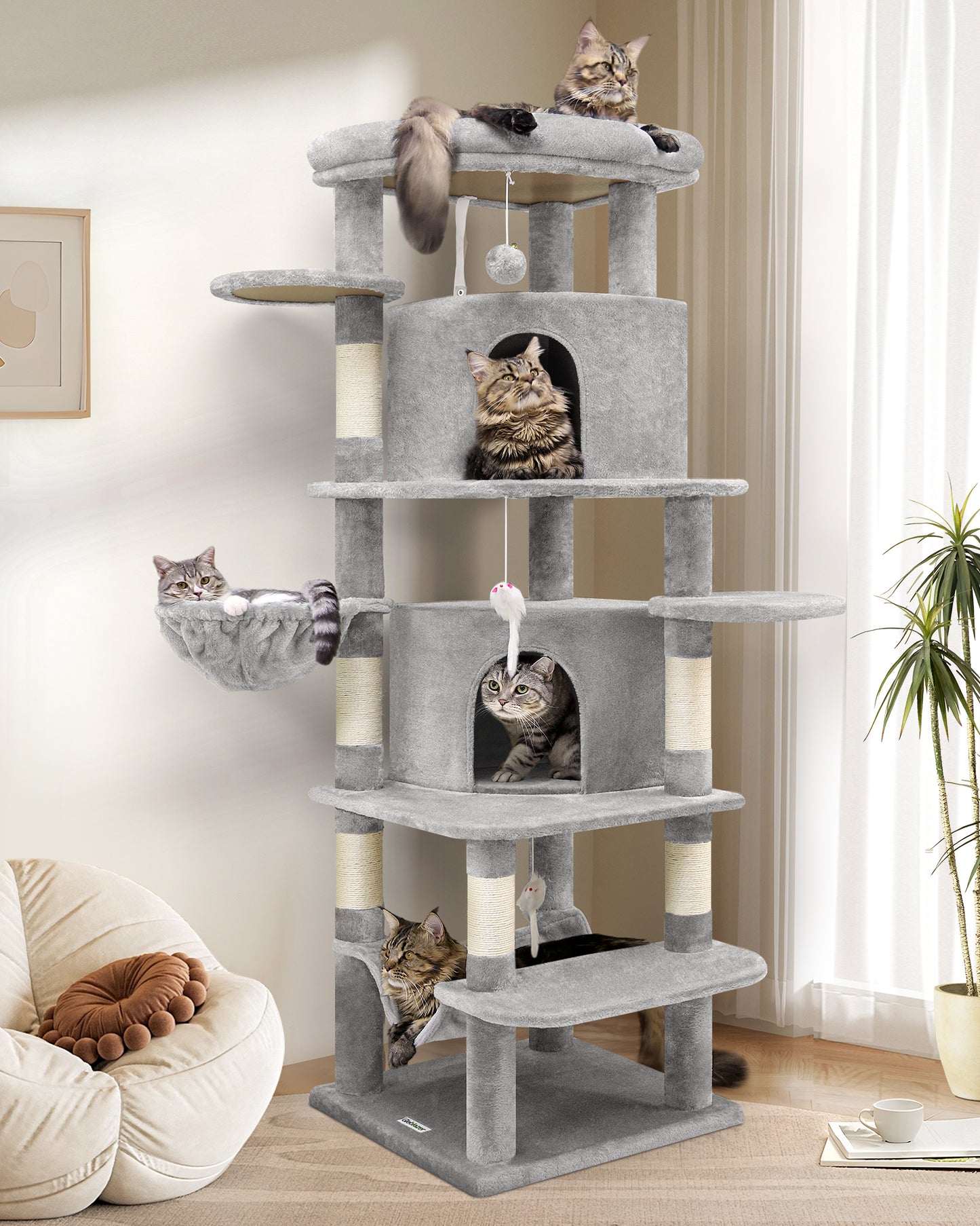 Globlazer Corner Cat Tree for Large Cats, 66inch Tall Curved Series Large Cat Tower for Multiple Indoor Cats with 6 Scratching Posts, 2 Spacious Cat Condos, Hammock, Hanging Basket, C66, Light Grey