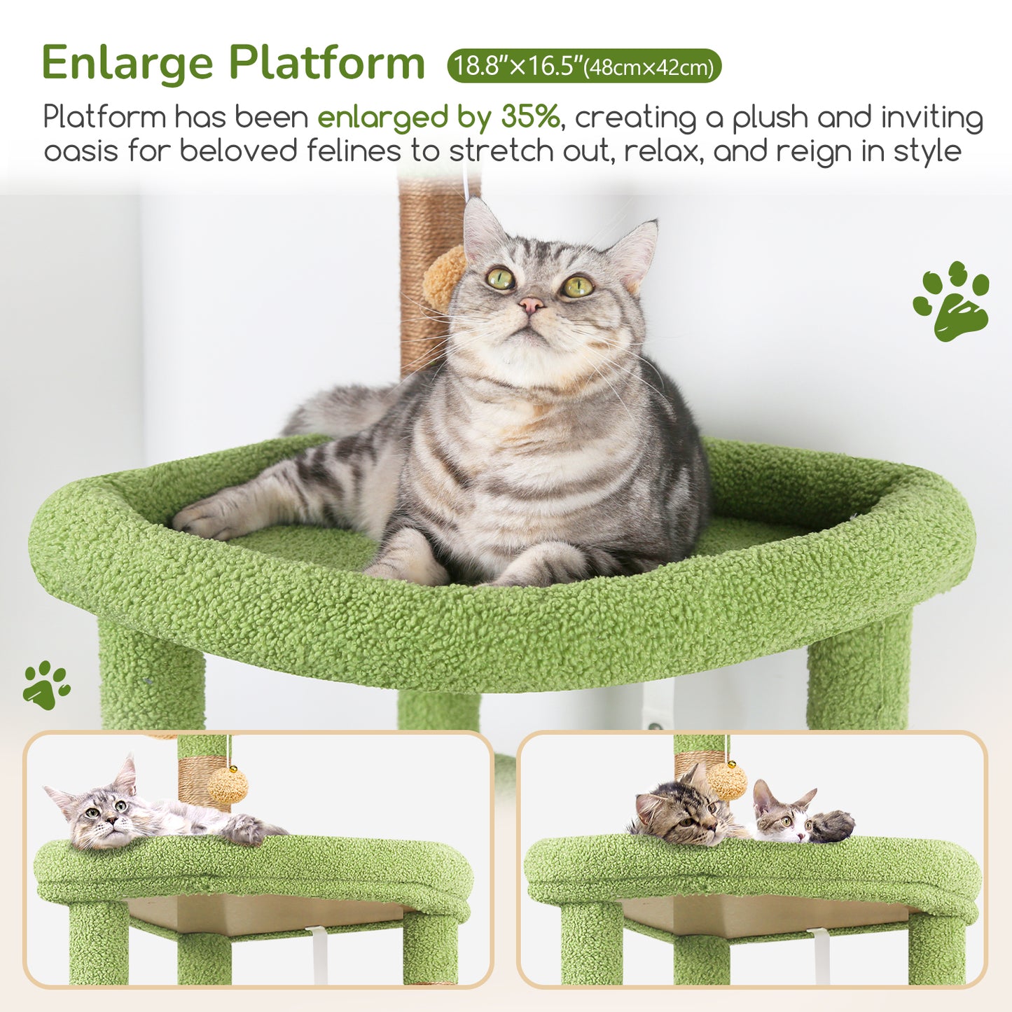 Globlazer Extra Large Platform Cactus Cat Tree, 65in Sturdy Cat Tree for Multiple Indoor Cats Large Adult, Big Cat Tower with 3 Padded Perches, 6 Scratching Posts, Spacious Condo, Hammock, S65, Green