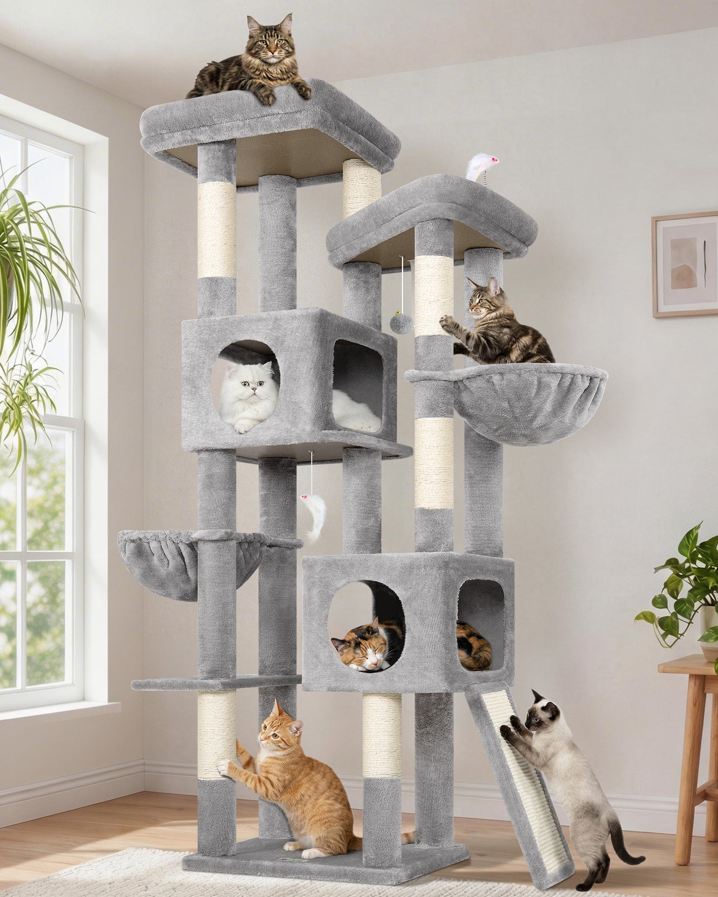 Globlazer 72" Heavy Duty Cat Tree for Large Adult Cats, Multi-Level Cat Tower with 2 Cat Condo, 2 Perchs, 6 Scratching Posts, Sisal Scratching Board, Multiple Cats, Resting Play, S72E, Light Grey