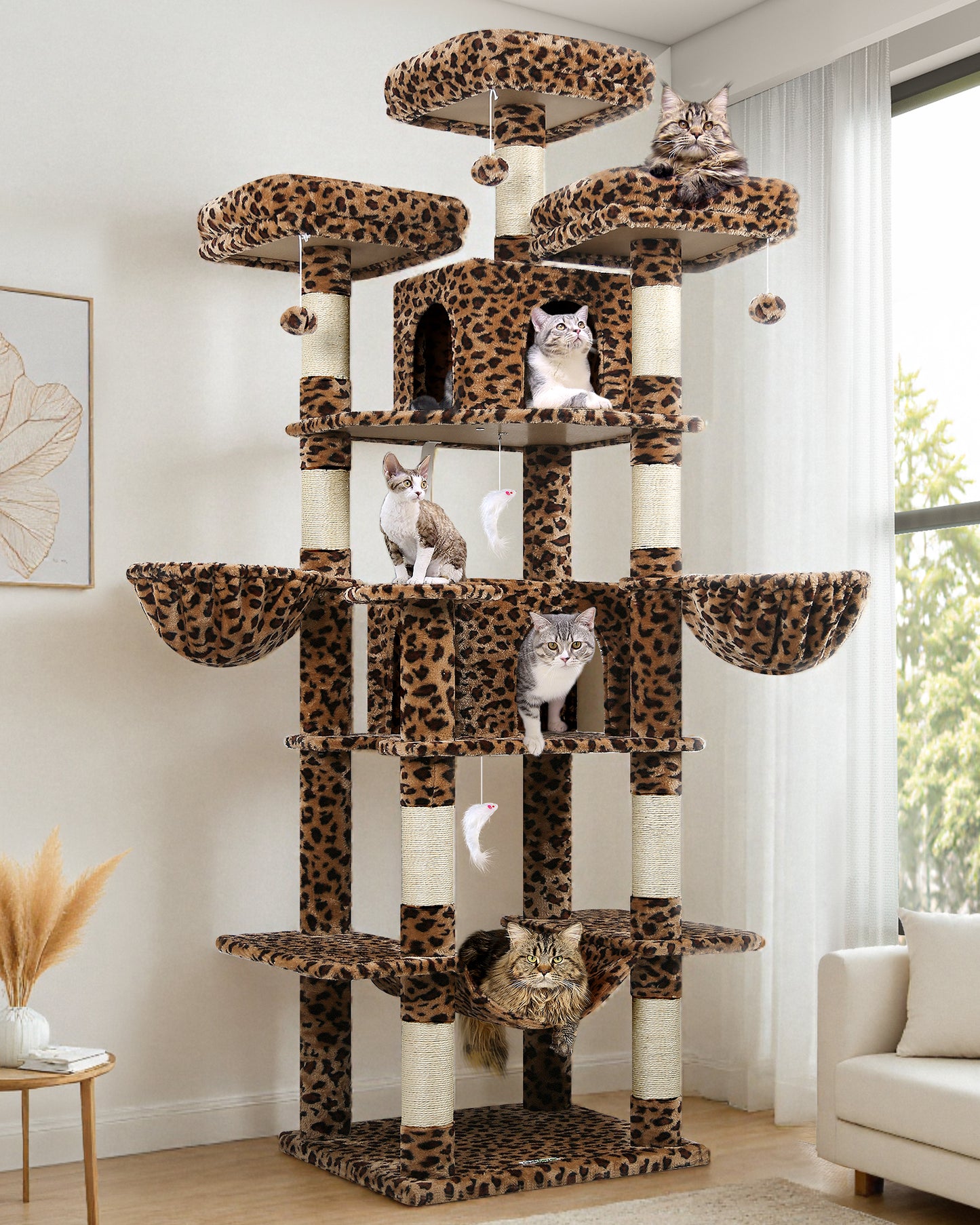 Globlazer Big Cat Tower for Indoor Cats, 80inch Cat Tower for Multiple Adult Cats XXL Cat Tree with 9 Scratching Posts, Hammock, 3 Perches, 2 Condos, 2 Hanging Basket, F80, Leopard Print