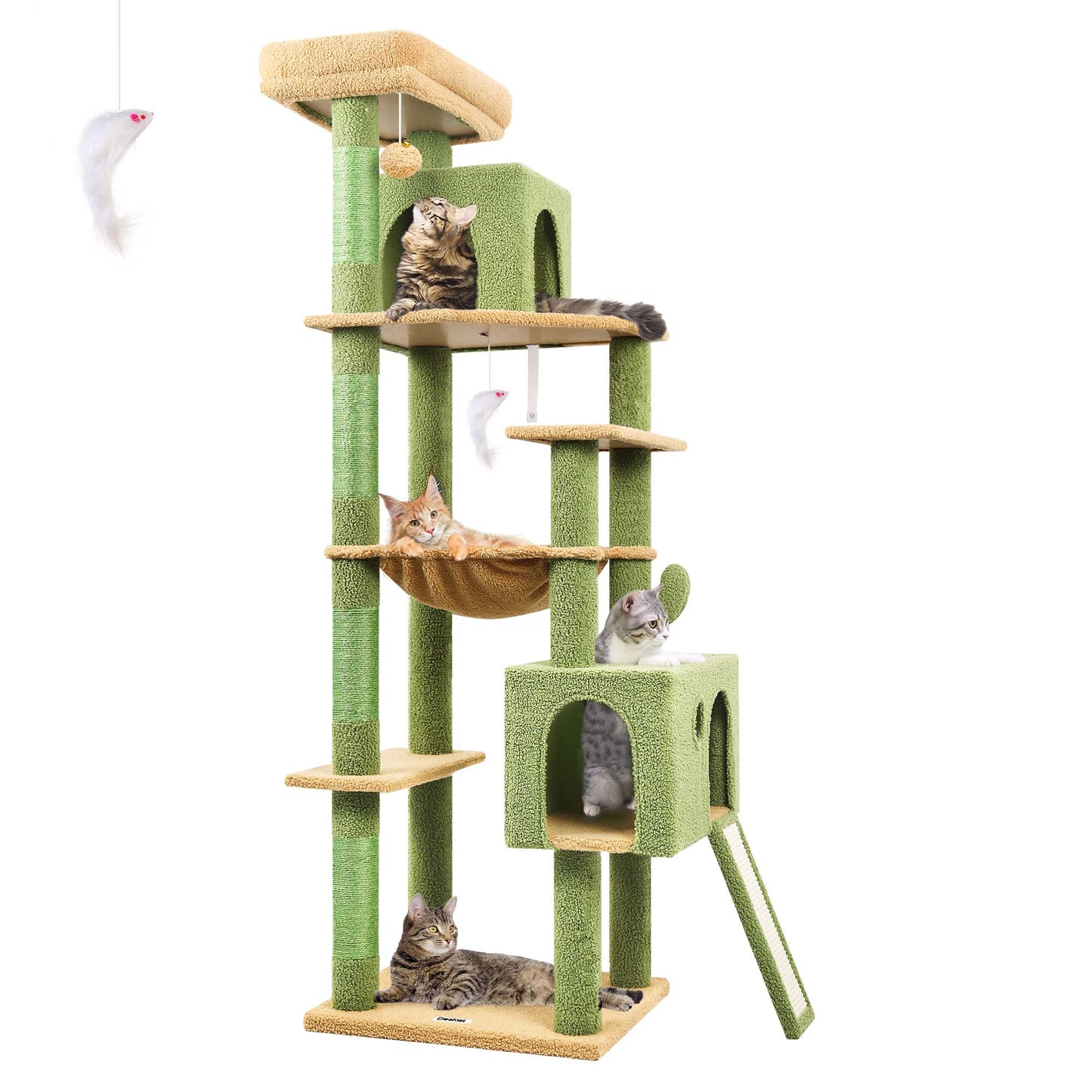 Globlazer Cactus Cat Tree Tower, 70inch Heavy Duty Cat Tree for Indoor Cats Sturdy Large Cat Tower with Scratching Post and Scratching Board, Hammock, Cat Condo for Adult Cats Kittens, F70 Pro, Green