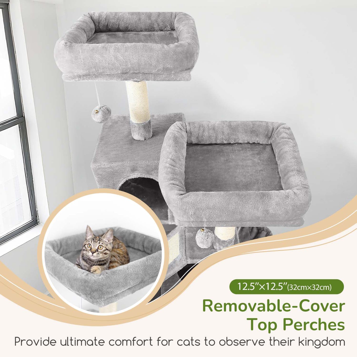 Globlazer 74in Heavy Duty Cat Tree for Large Indoor Cats, Multi-Level Cat Tower with 5 Sisal Scratching Posts, 2 Cozy Condos, Hammock, Top Perches, Climbing Ramp and Pet Bed, F74D, Light Grey