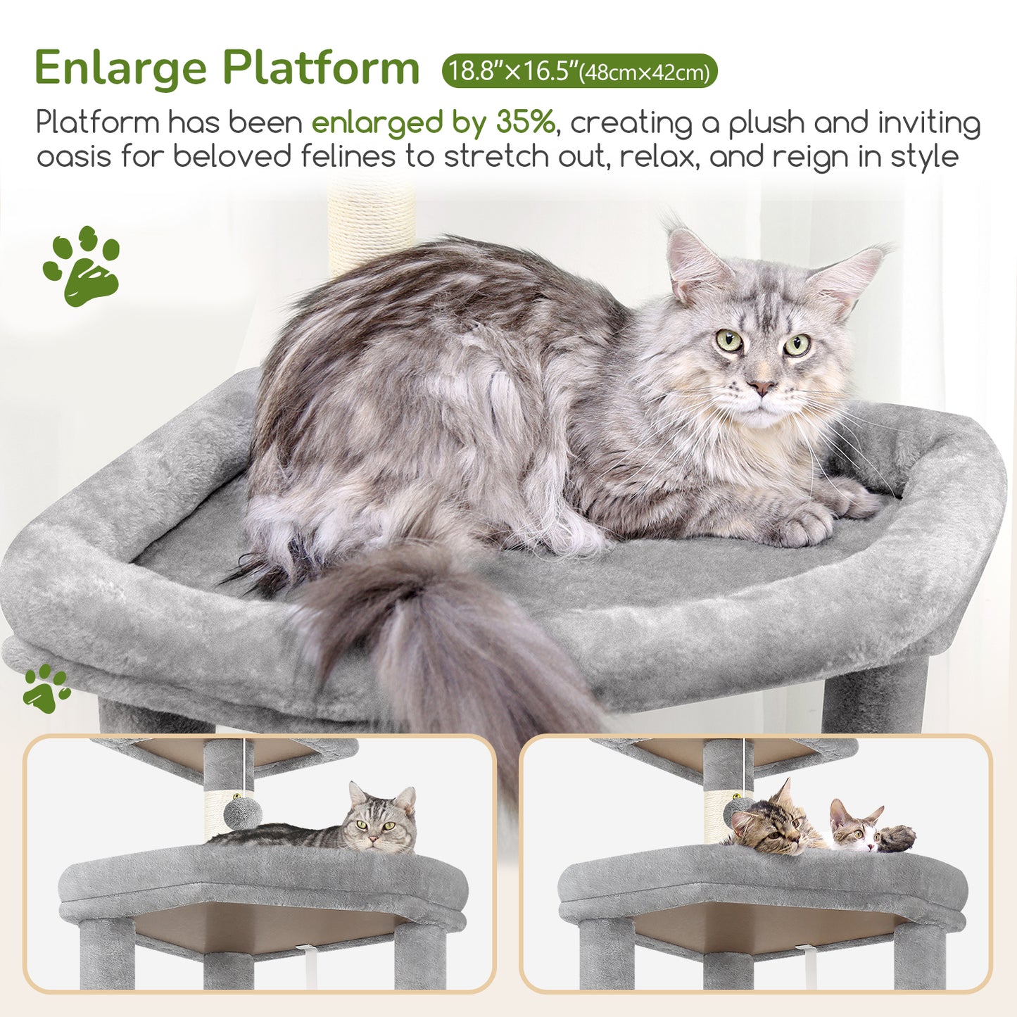 Globlazer Extra Large Platform Cat Tree, 65in Sturdy Cat Tree for Indoor Cats Large Adult, Big Cat Tower for big Cats with 3 Enlarged Perches, 6 Scratching Posts, Cat Condo, Hammock, S65, Light Grey