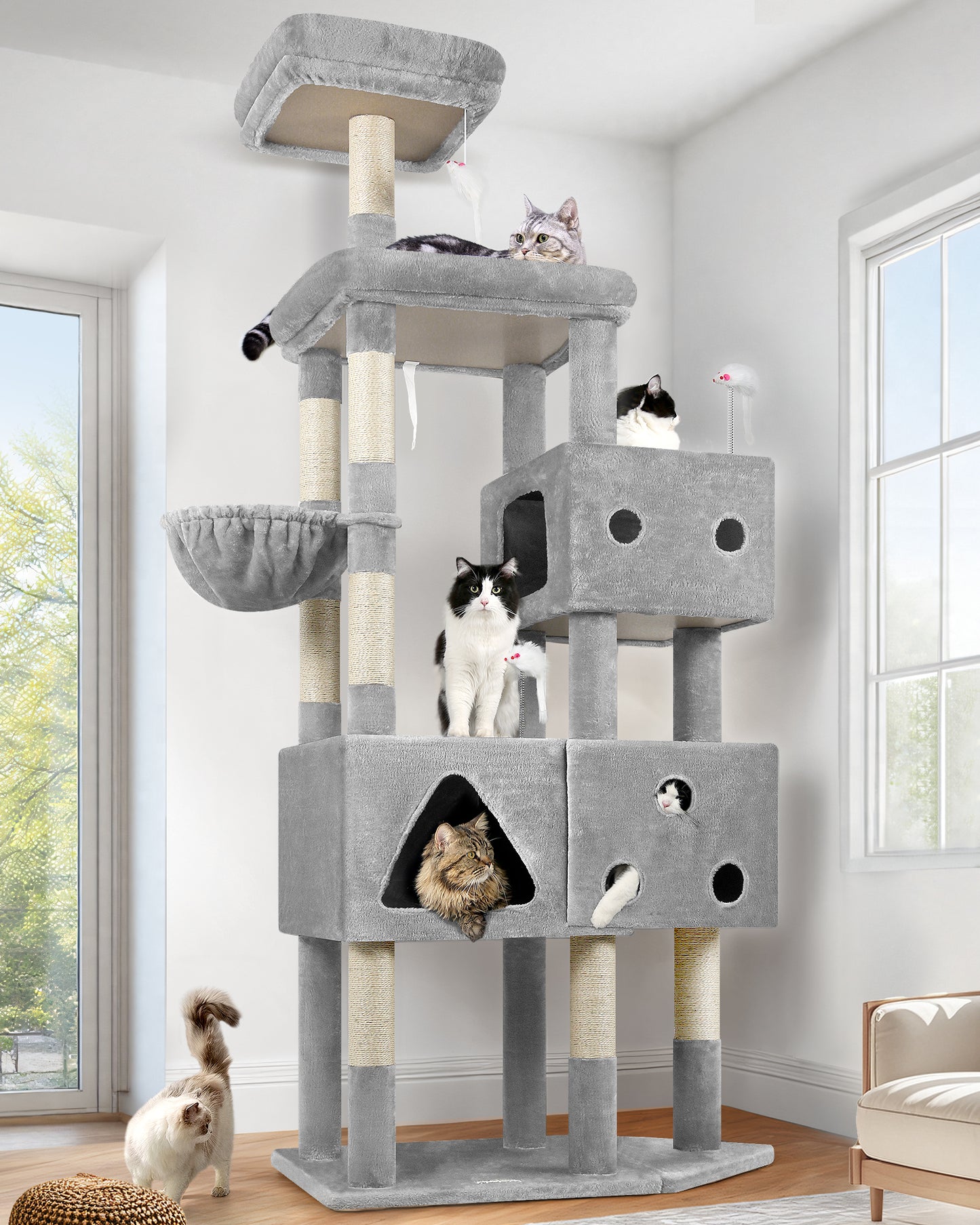 Globlazer Extra Large Cat Tower, 81-inch Tall Cat Tree for Big Cats 20 lbs, XXL Heavy Duty Cat Scratching Tower for Indoor Adult Cats with 3 Cat Condos, 8 Scratching Posts, F81, Light Grey
