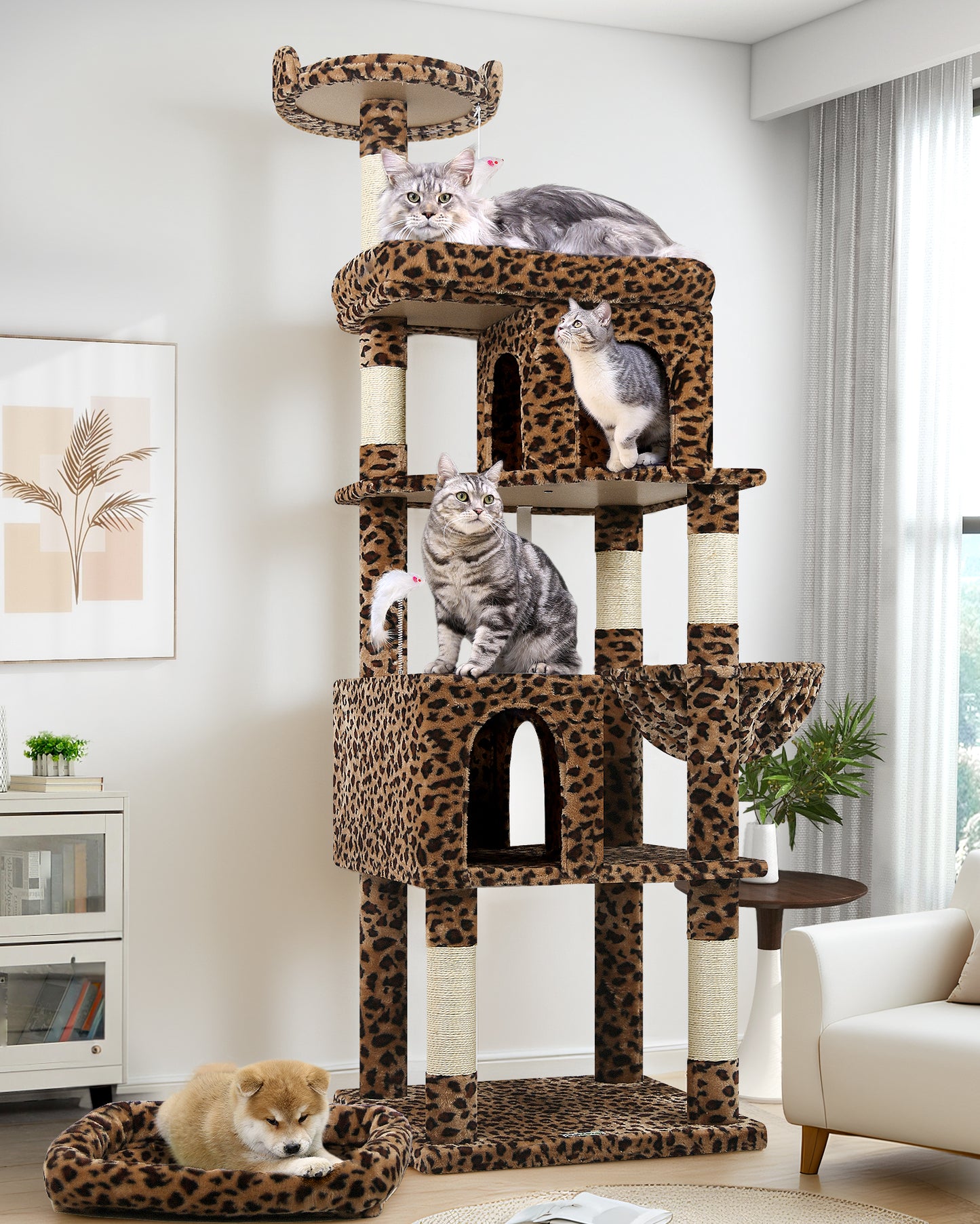 Globlazer Heavy Duty Cat Trees for Large Cats, Sturdy 72in Maine Coon Cat Tree for Large Cat 20 lbs+ Heavy Duty Cat Tower for Adult Biggest Cats with 6 Scratching Posts, Hammock, S72, Leopard Print