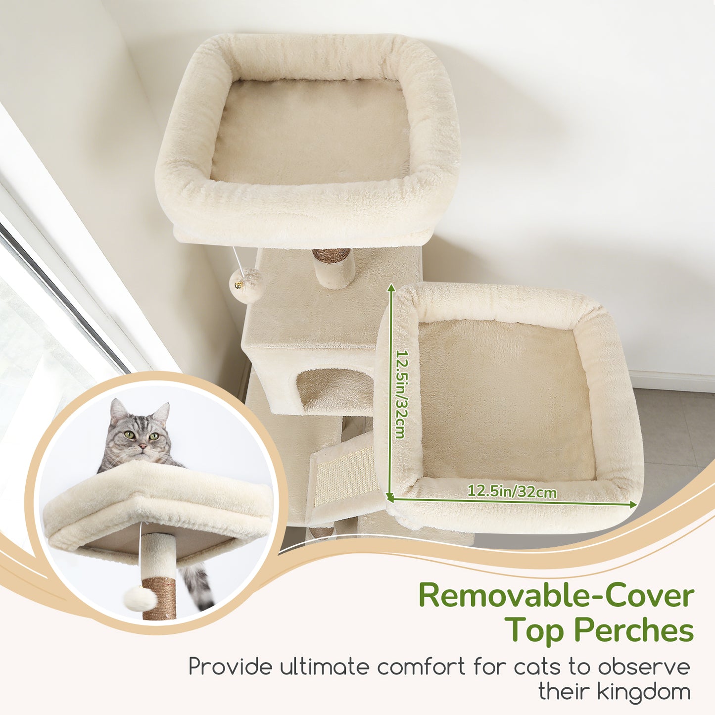 Globlazer 74in Heavy Duty Cat Tree for Large Indoor Cats, Multi-Level Cat Tower with 5 Sisal Scratching Posts, 2 Cozy Condos, Hammock, Top Perches, Climbing Ramp and Pet Bed, F74D, Beige