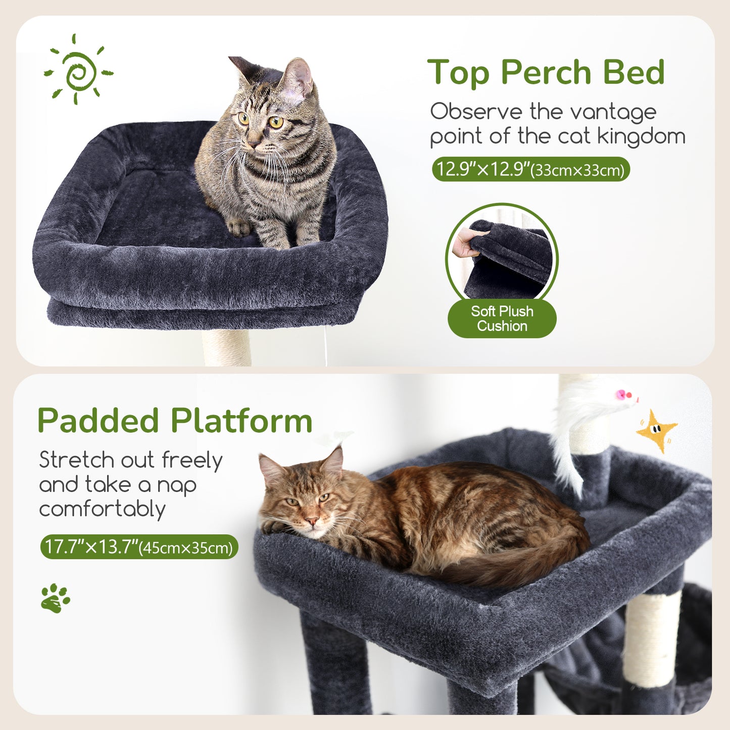 Globlazer Cat Tree Condo Tower for Multiple Indoor Cats, 52in Multi-Level Cat Scratching Tree with 2 Cat Condos, 5 Sisal Scratching Posts, 2 Padded Perches, Big Basket, Widened Base, S52, Dark Grey