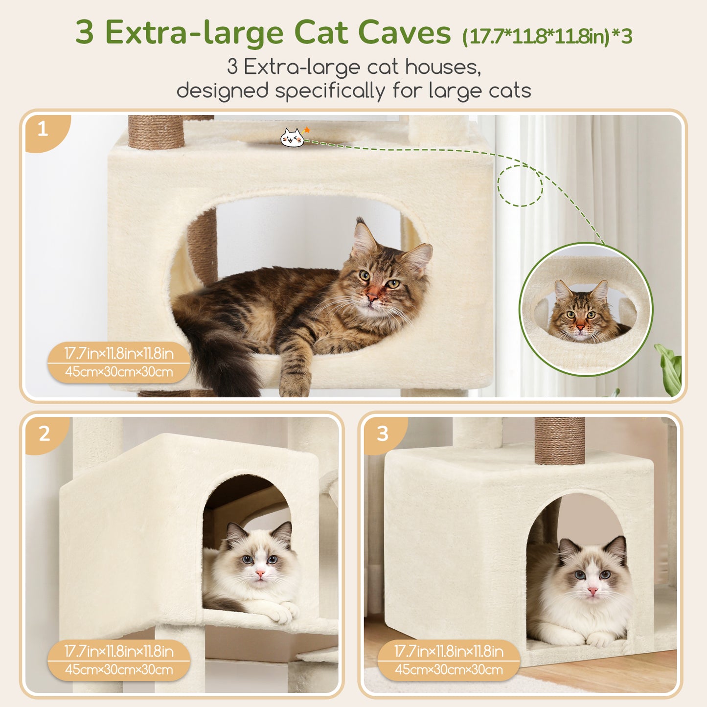 Globlazer Extra Large Cat Tree Tower for Indoor Cats Large Adult, 80in Tall Heavy Duty Cat Tree with 3 Spacious Cat Condos, Oversized Fan-Shaped Perch, 6 Full Sisal Scratching Posts, S80, Beige
