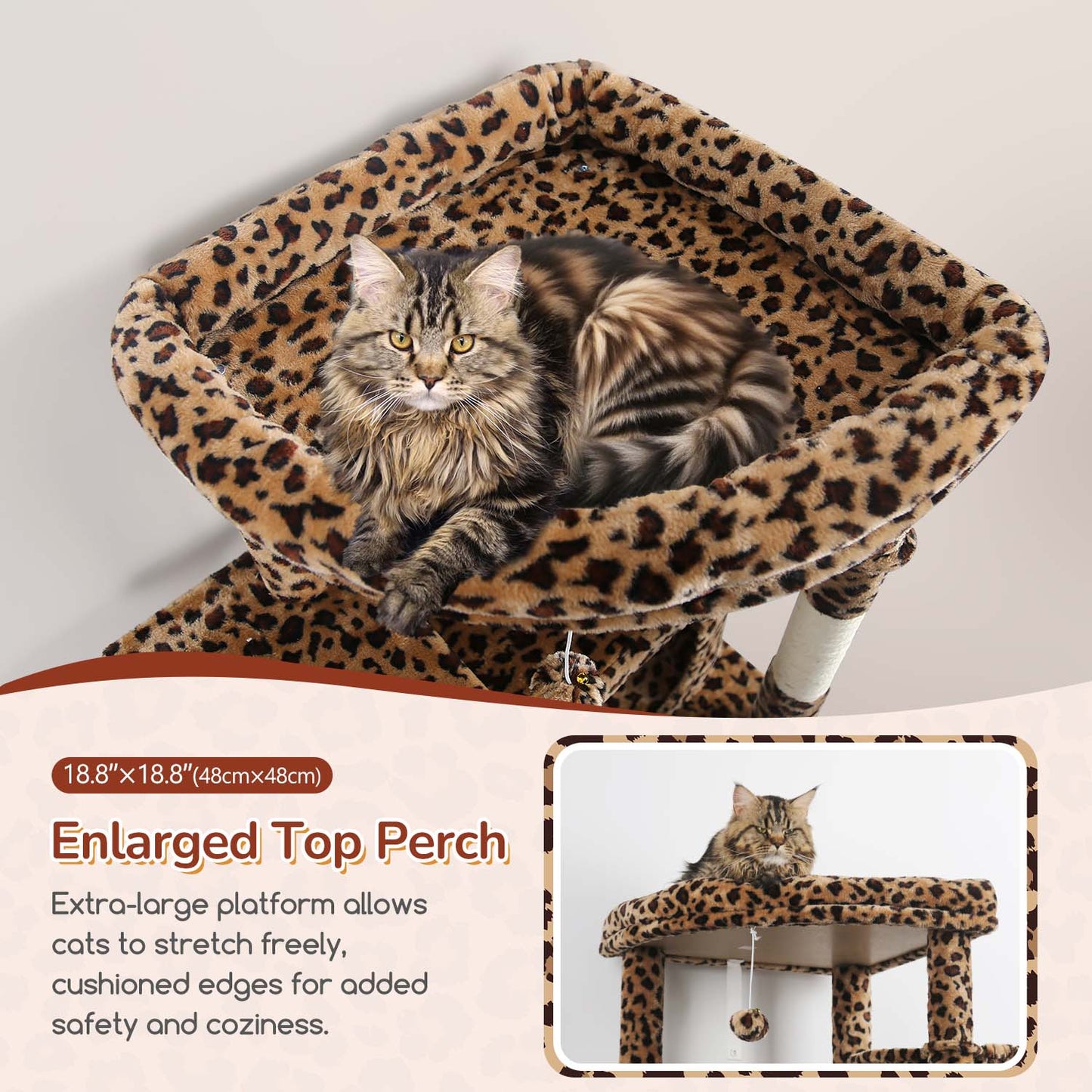 Globlazer S74 Heavy Duty Cat Tree, 74inch Sturdy Cat Tower for Large Cats Adult, Big Cat Tree with 5 Sisal Scratching Posts, 2 Padded Cat Condos, 2 Hanging Baskets, Enlarged Top Perch, Leopard Print
