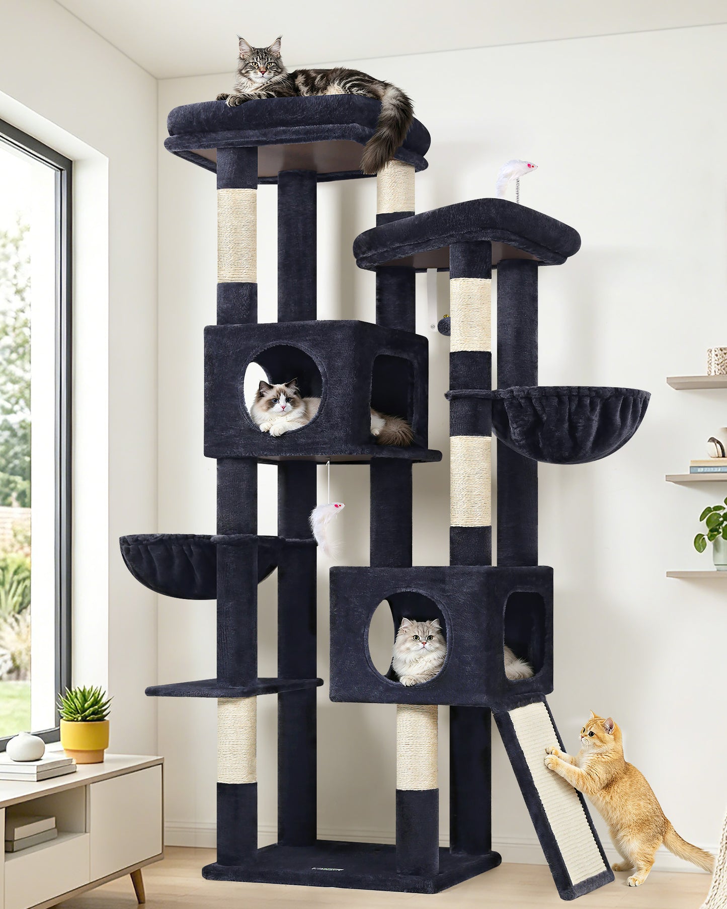 Globlazer 72" Heavy Duty Cat Tree for Large Adult Cats, Multi-Level Cat Tower with 2 Cat Condo, 2 Perchs, 6 Sisal Scratching Posts, Sisal Scratching Board, Multiple Cats, Resting Play, S72E, Dark Grey