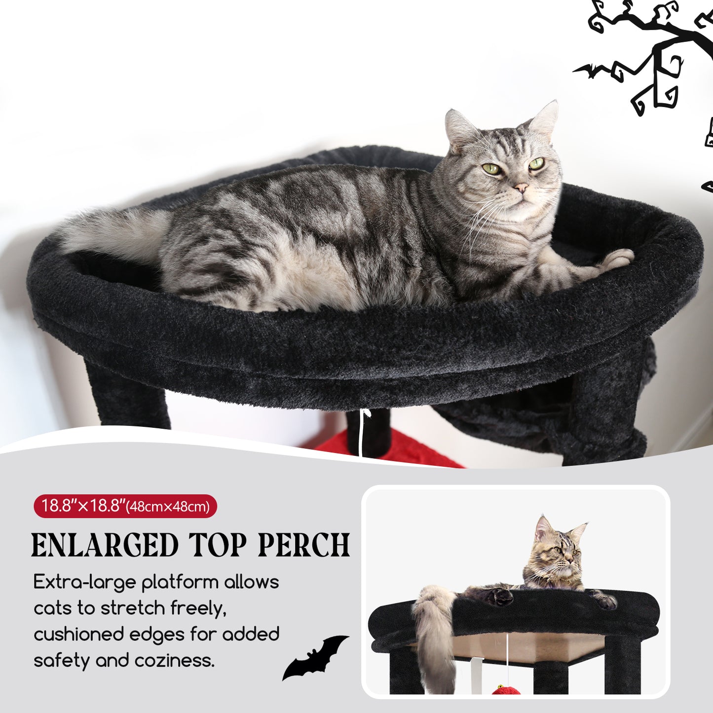 Globlazer Gothic Heavy Duty Cat Tree, 74in Sturdy Goth Cat Tower for Large Cats Adult Big Cat Tree with 7 Scratching Posts, 2 Padded Spacious Condos, 2 Hanging Baskets, Enlarged Perch, S74, Red Black