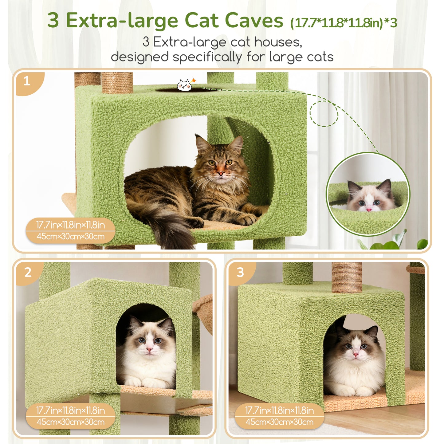 Globlazer Extra Large Catus Cat Tree Tower for Indoor Cats Large Adult, 80in Tall Heavy Duty Cat Tree with 3 Spacious Cat Condos, Oversized Fan-Shaped Perch, 6 Sisal Scratching Posts, S80, Green