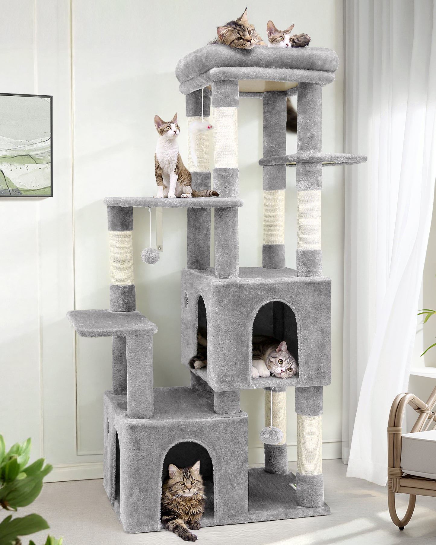 Globlazer Cat Tower for Indoor Cats, 61inch Heavy Duty Cat Trees for Large Cats Adult Big Cats Maine Coon Cat Tree Tower with Scratching Post, Extra Large Top Perch, Cat Condos, F61, Light Grey