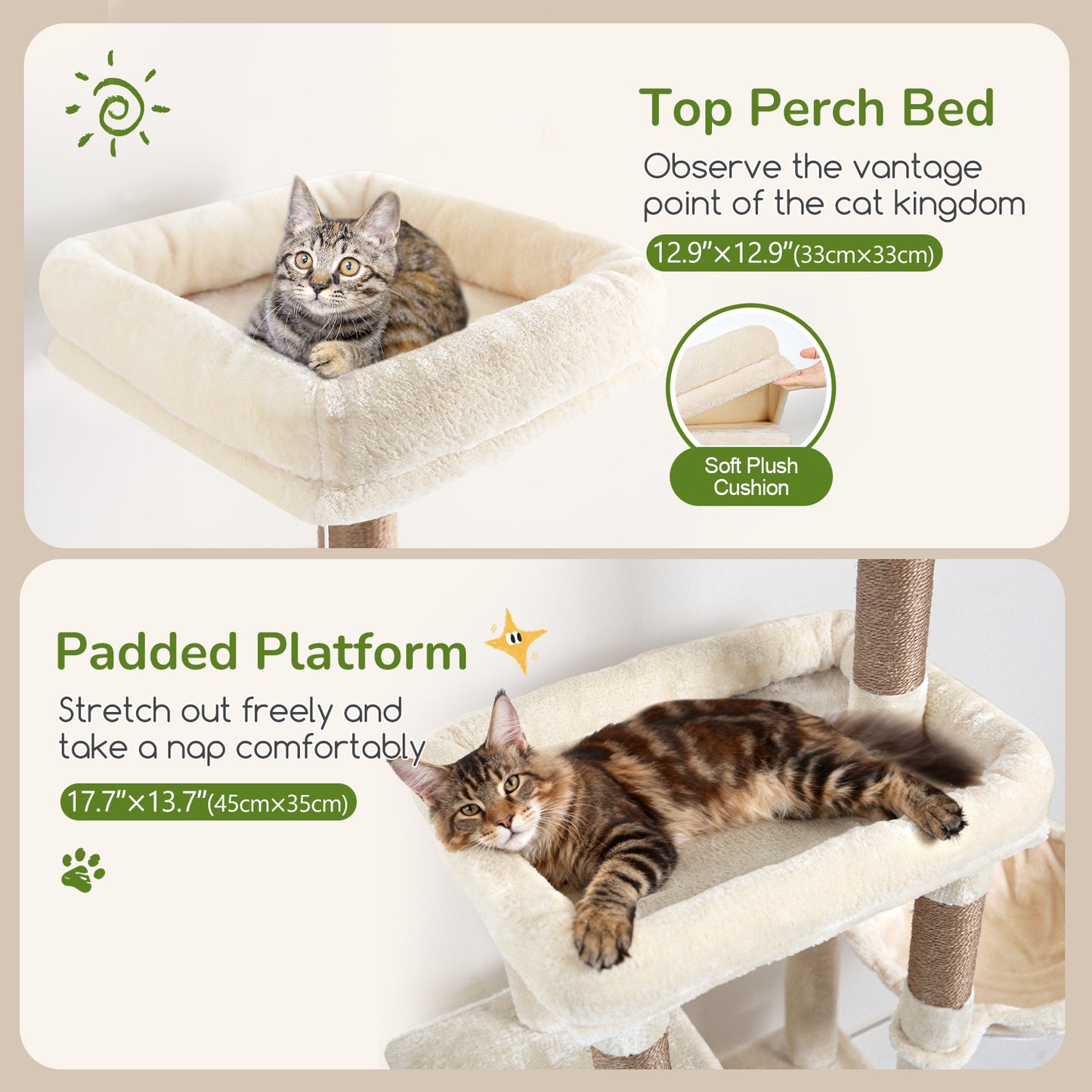 Globlazer Cat Tower for Indoor Cats, 52in Multi-Level Cat Tower with 5 Sisal Scratching Posts, Cat Tree Condo with 2 Padded Perches, 2 Cozy Condos, Big Hanging Basket, Hanging Toys, S52, Beige