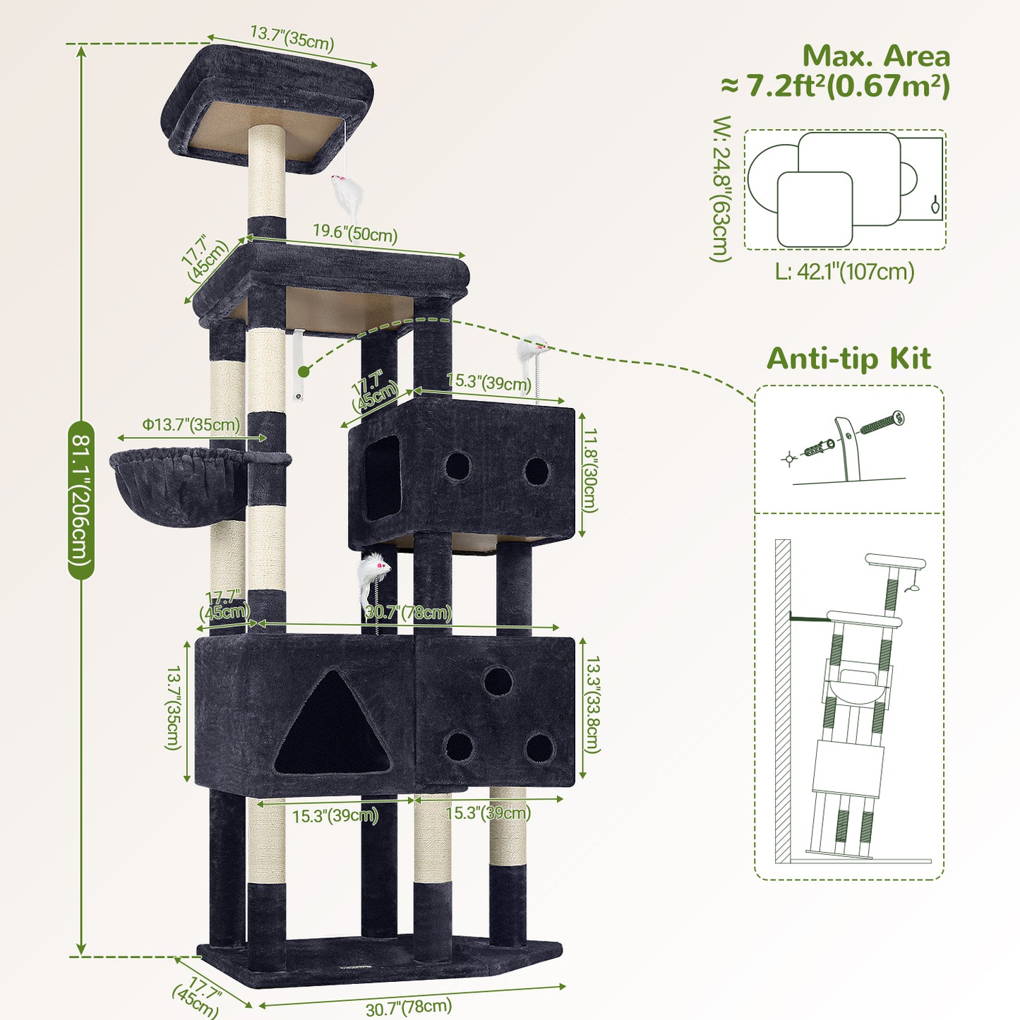 Globlazer Extra Large Cat Tower, 81-inch Tall Cat Tree for Big Cats 20 lbs, XXL Heavy Duty Cat Scratching Tower for Indoor Adult Cats with 3 Cat Condos, 8 Scratching Posts, F81, Dark Grey