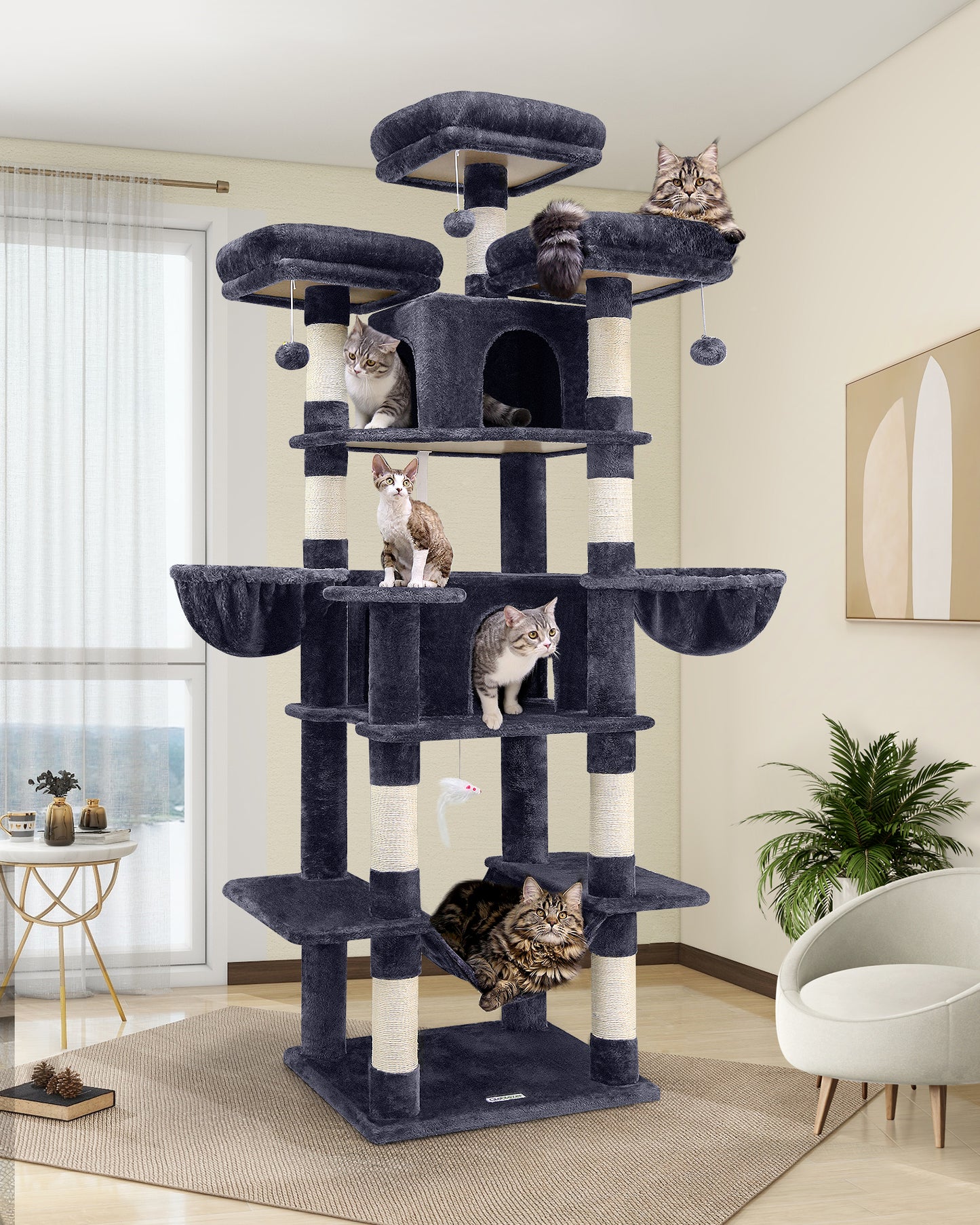Globlazer Big Cat Tower for Indoor Cats, 80inch Cat Tower for Multiple Adult Cats XXL Cat Tree with 9 Scratching Posts, Hammock, 3 Perches, 2 Condos, 2 Hanging Basket, F80, Dark Grey