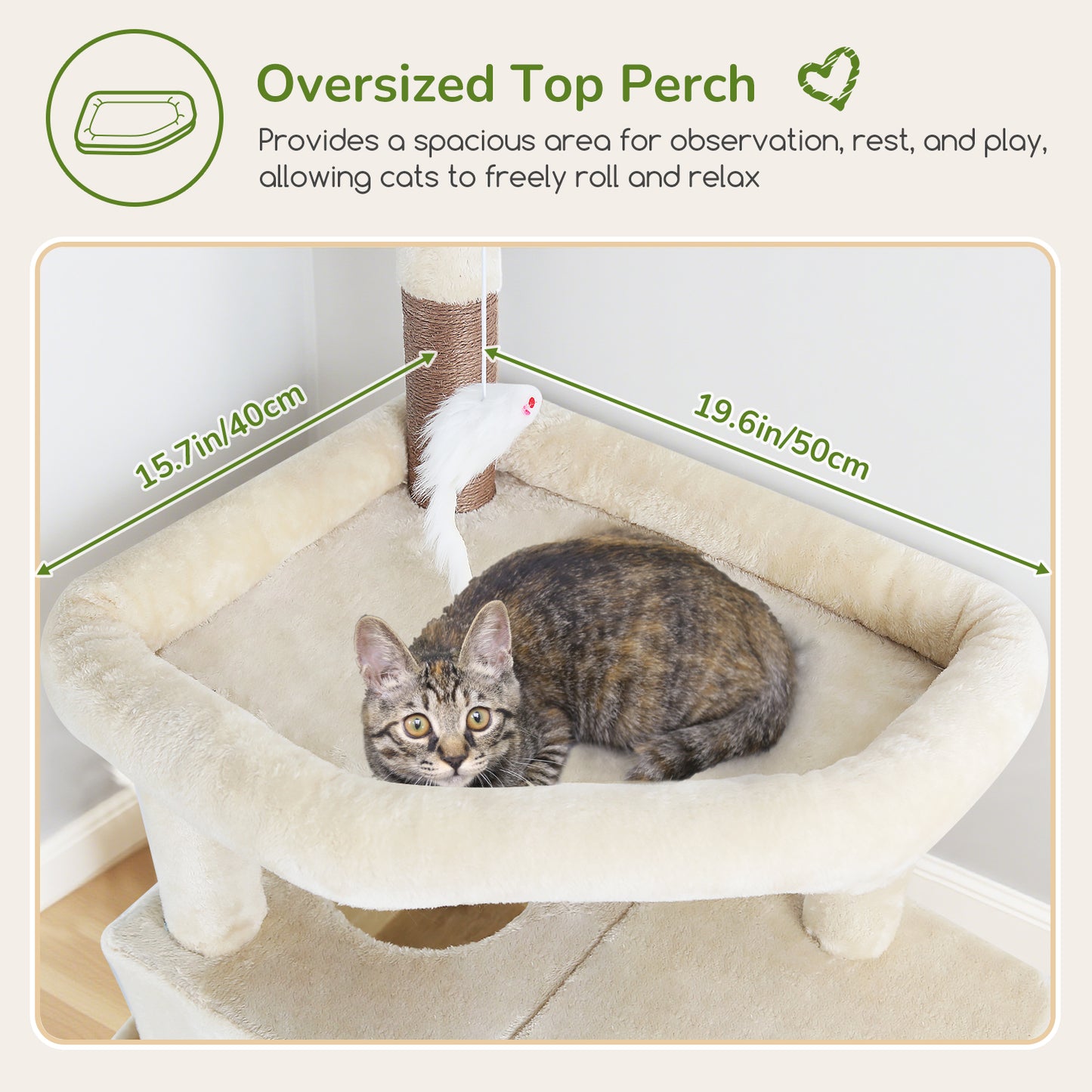 Globlazer Large Cat Tree Tower, Tall Cat Tree Condos for Indoor Cats Large Adult Cat Climbing Tower with 2 Spacious Caves, Oversized Top Perch, Big Hanging Basket, Cat Teaser Wand, F74B, Beige