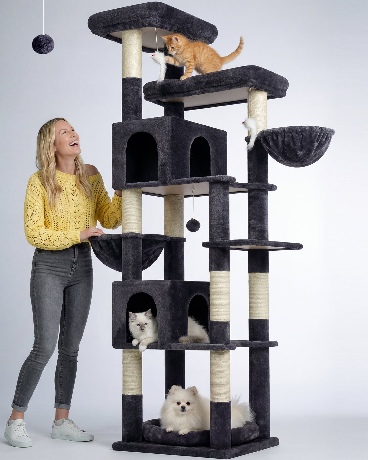 Globlazer Heavy Duty Cat Tree, 81 inch Extra Large Cat Tree for Indoor Cats Large Adult, Sturdy Cat Tower with 8 Scratching Post, 2 Cat Condos, 2 Platform, S81C, Dark Grey