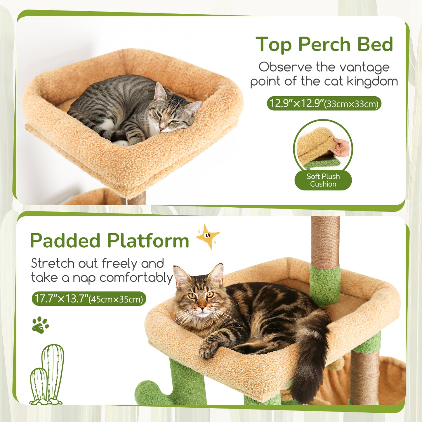 Globlazer Cactus Cat Tree Condo Tower for Indoor Cats, 52in Multi-Level Cat Scratching Tree with 2 Cat Condos, 5 Sisal Scratching Posts, 2 Padded Perches, Sturdy Basket, Widened Base, S52, Green
