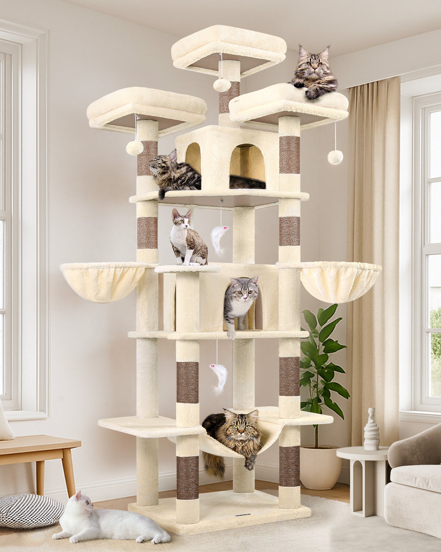 Globlazer Big Cat Tower for Indoor Cats, 80inch Cat Tower for Multiple Adult Cats XXL Cat Tree with 9 Scratching Posts, Hammock, 3 Perches, 2 Condos, 2 Hanging Basket, F80, Beige