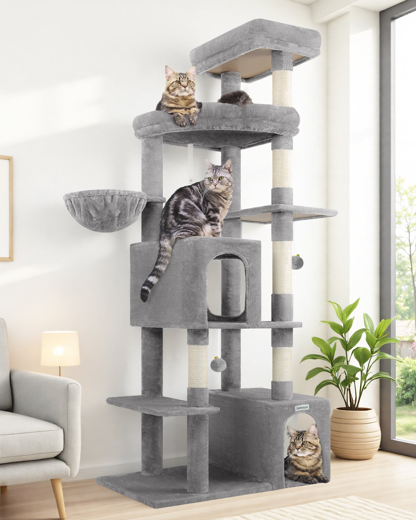 Globlazer Cat Tree Tower for Indoor Cats Large Adult, 70in Tall Cat Tree with 2 Spacious Cat Condos, 2 Top Perches and 5 Scratching Posts, Expandable Cat Tower, Use Alone or Combine, F70E, Light Gray