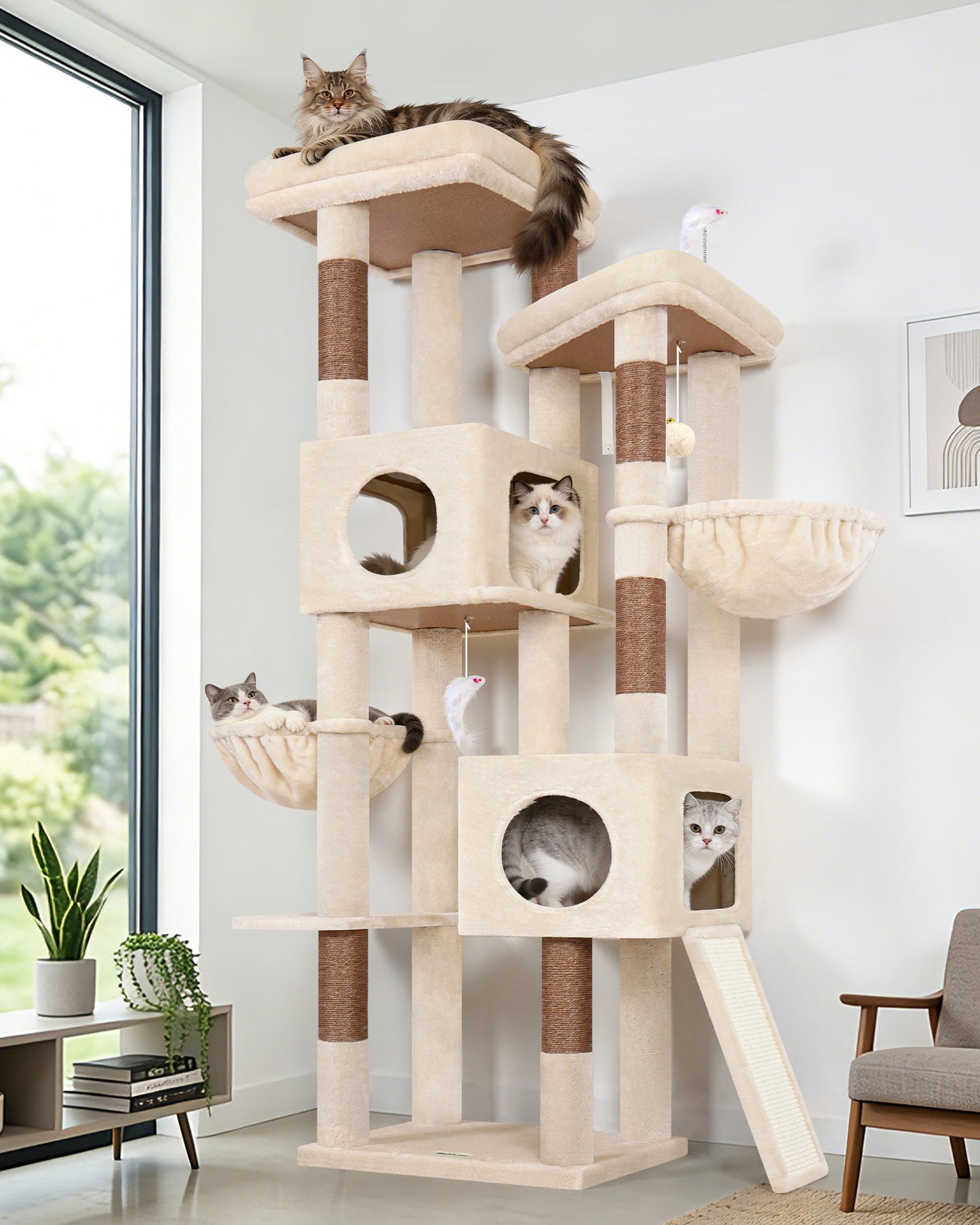 Globlazer 72" Heavy Duty Cat Tree for Large Adult Cats, Multi-Level Cat Tower with 2 Cat Condo, 2 Perchs, 6 Sisal Scratching Posts, Sisal Scratching Board, Multiple Cats, Resting Play, S72E, Beige