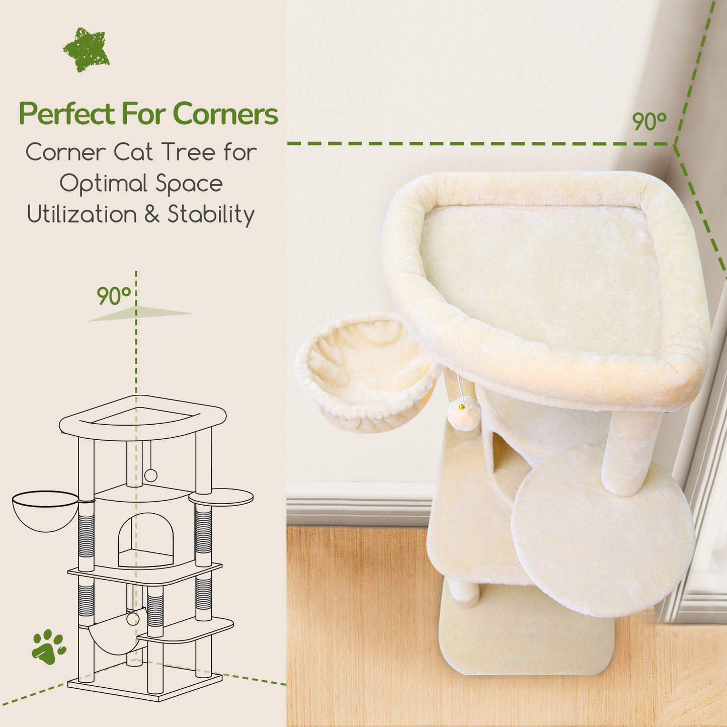 Globlazer Corner Cat Tree Tower with Scratching Post for Indoor Cats, 51in Plush Multi-Level Cat Tower with Large Hammock, Fan-Shaped Padded Perch, Spacious Cat Condo, Hanging Basket, C51, Light Beige