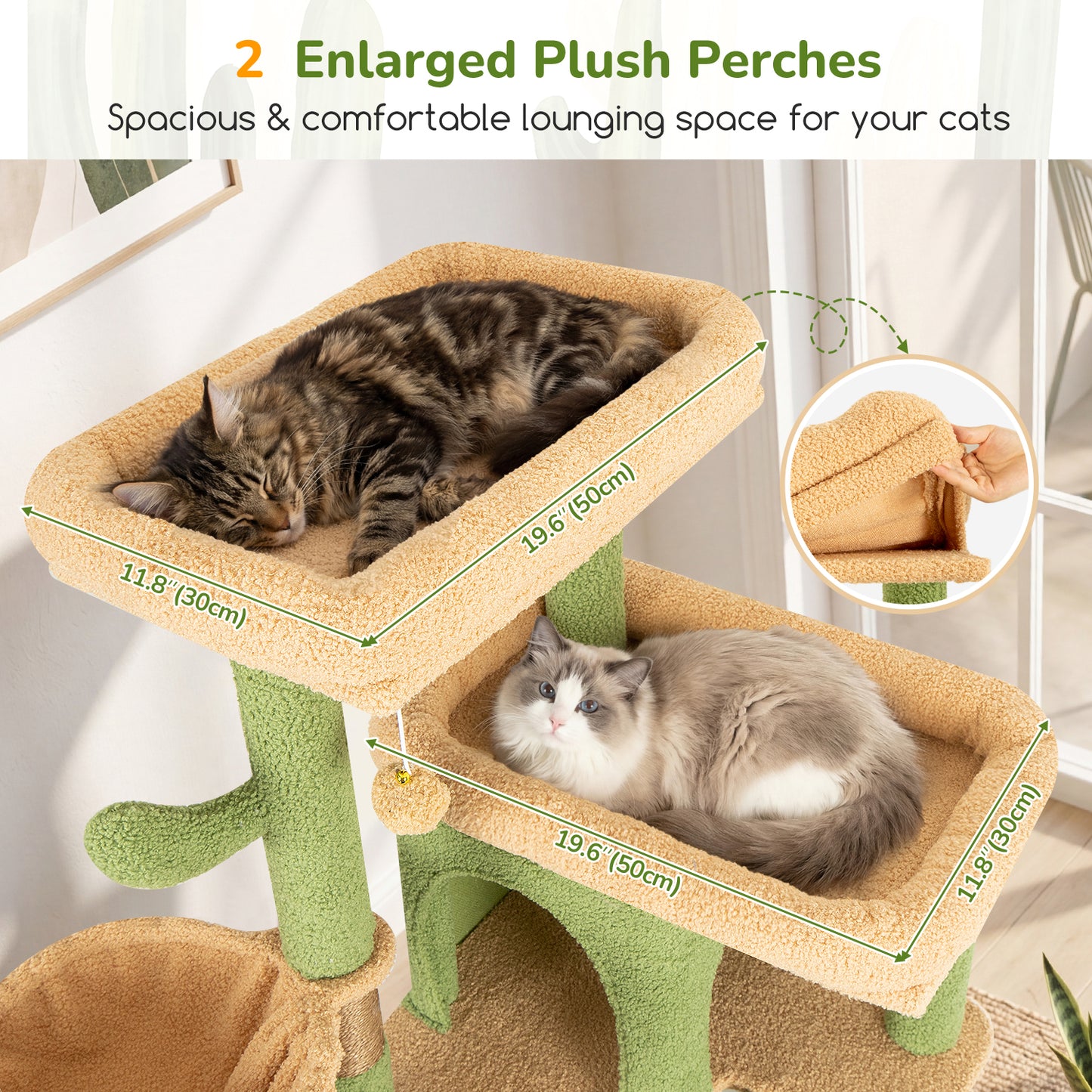 Globlazer Large Cactus Cat Tree Tower, 80in XXL Tall Cat Tree for Multiple Indoor Cats Large Adult Kittens with Scratching Posts and Board, 3 Soft Baskets, 2 Plush Perches, 2 Cozy Condos, S80G, Green