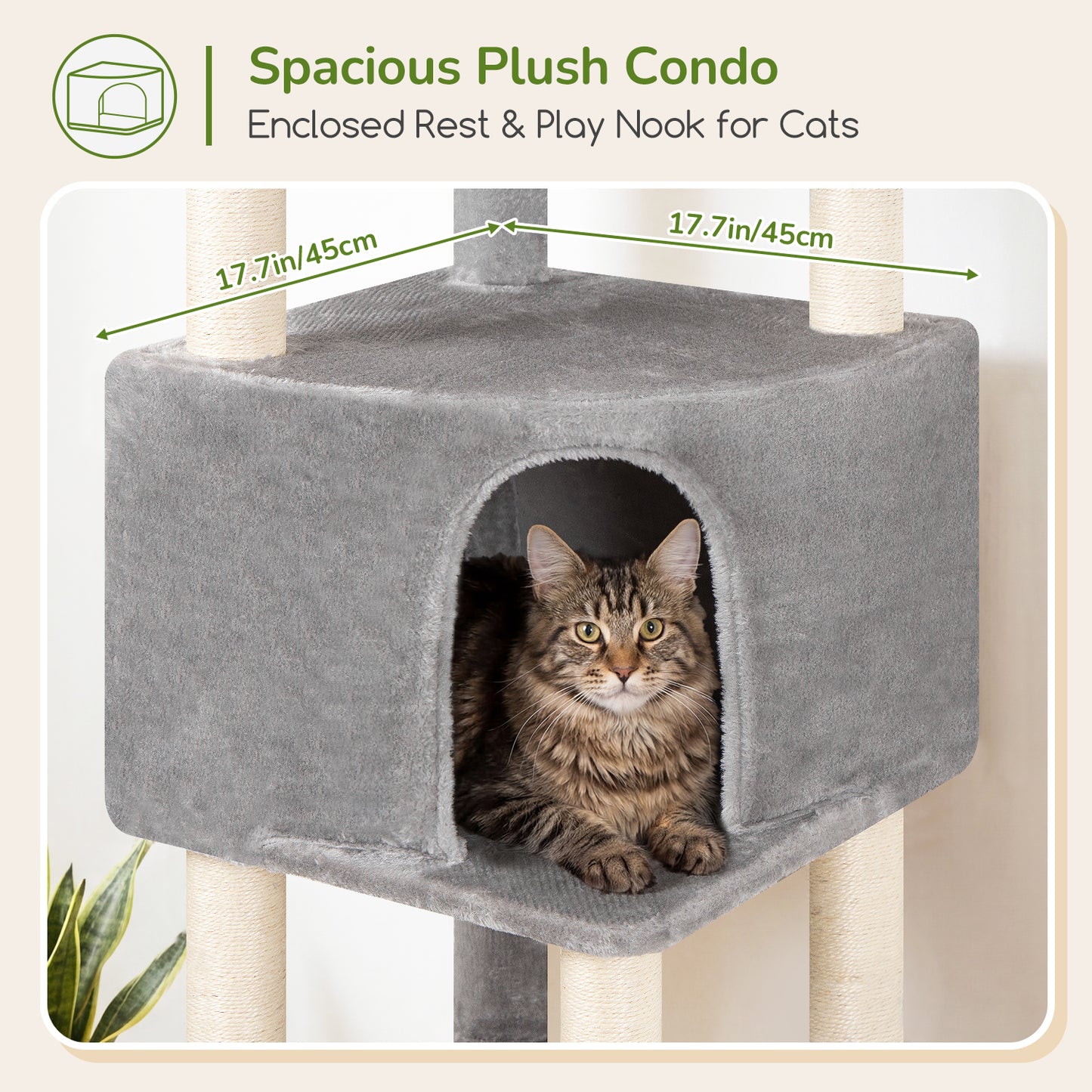 Globlazer Tall Cat Tree Tower for Large Adult Cats, Multi-Level Large 65 Inch Cat Scratching Tower with Hammock, 6 Scratching Posts, Basket and 2 Perches for Indoor Multiple Cats, F65D, Light Grey