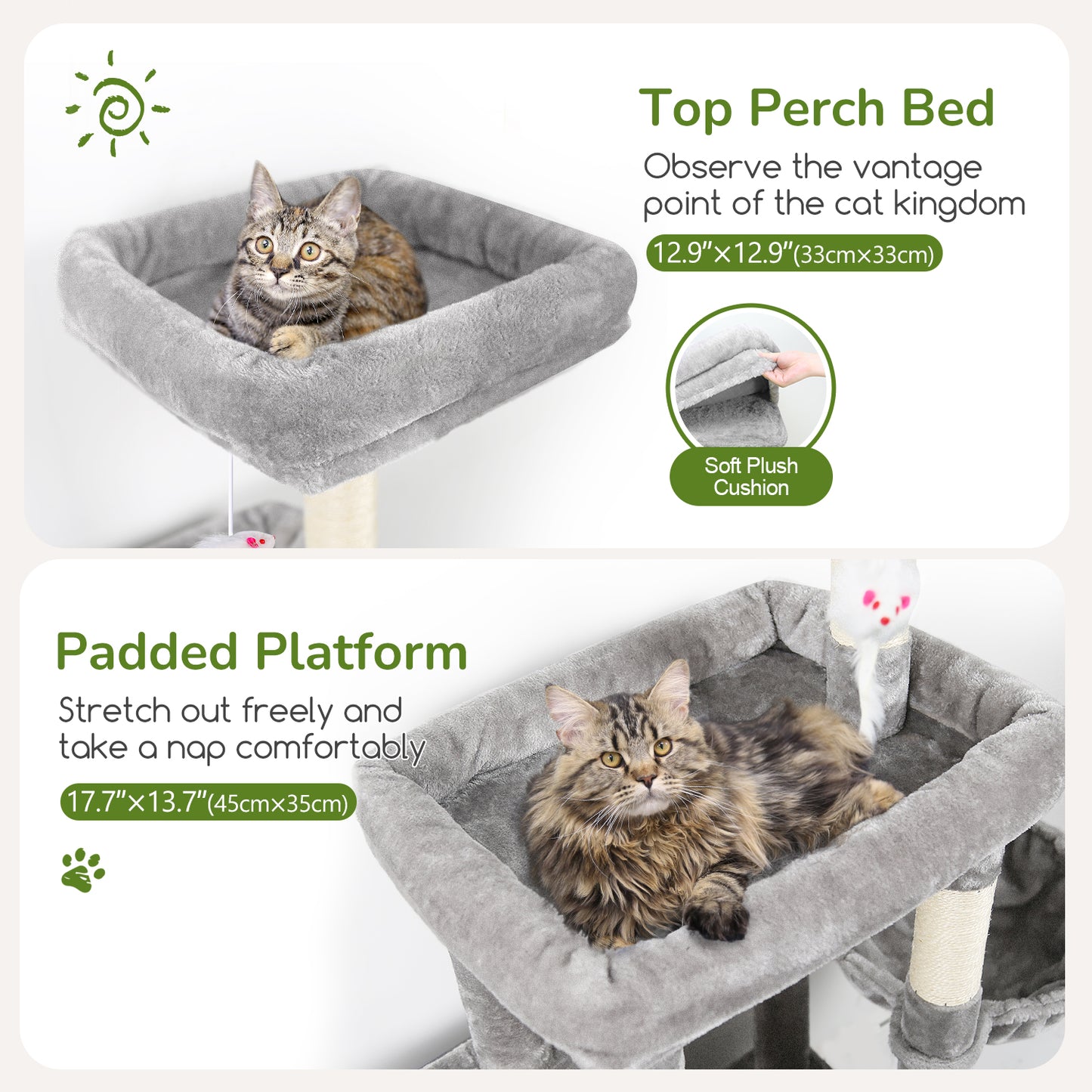 Globlazer Cat Tower for Indoor Cats, 52in Multi-Level Cat Tower with 5 Sisal Scratching Posts, Cat Tree House with 2 Padded Perches, 2 Cozy Condos, Big Hanging Basket, Hanging Toys, S52, Light Gray