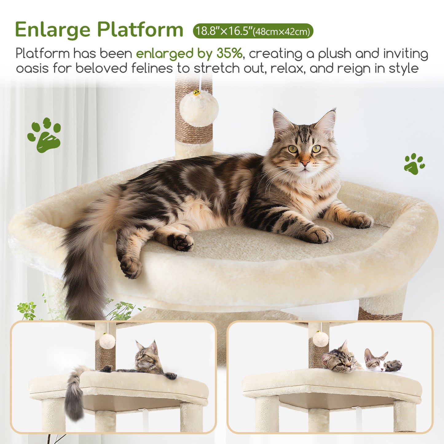 Globlazer Extra Large Platform Cat Tree, 65in Tall Sturdy Cat Tree for Indoor Cats Large Adult, Big Cat Tower for Big Cats with 3 Enlarged Perches, 6 Scratching Posts, Cat Condo, Hammock, S65, Beige