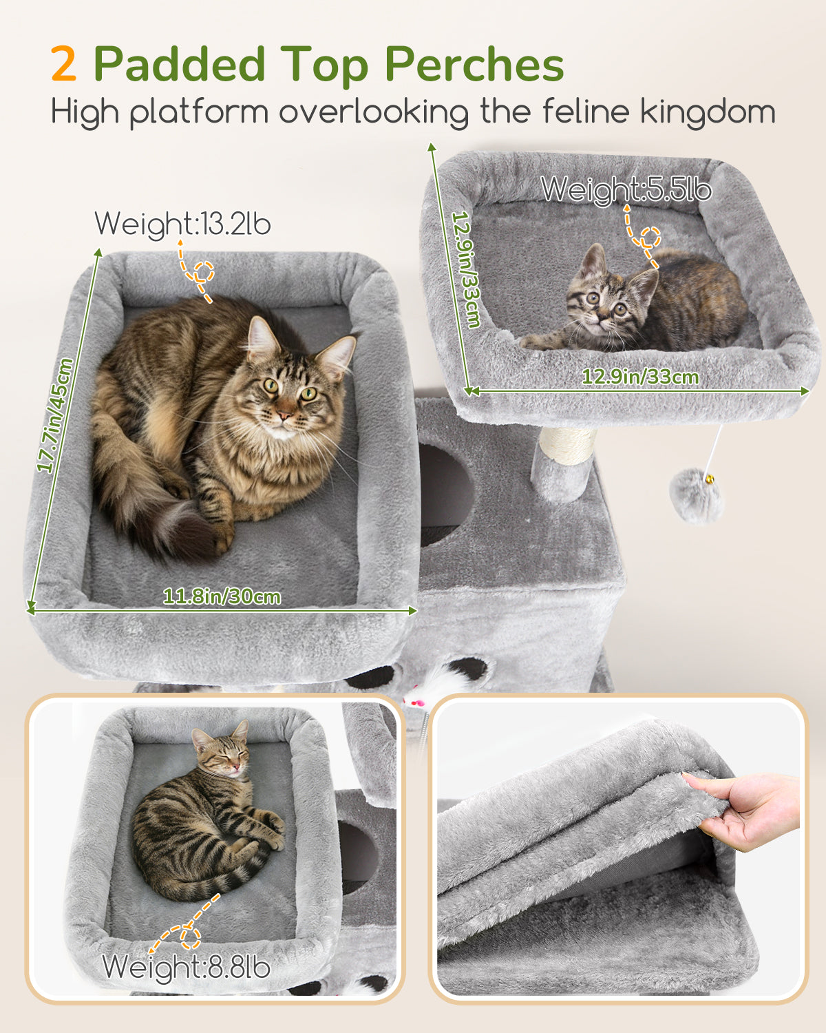 Globlazer Heavy Duty Cat Tree Tower 80in Tall Extra Large Cat Tree Tower for Multiple Indoor Cats Large Adult with  Scratching Posts, 2 Spacious Condos, Padded Perches, Soft Hammock, S80B, Light Grey