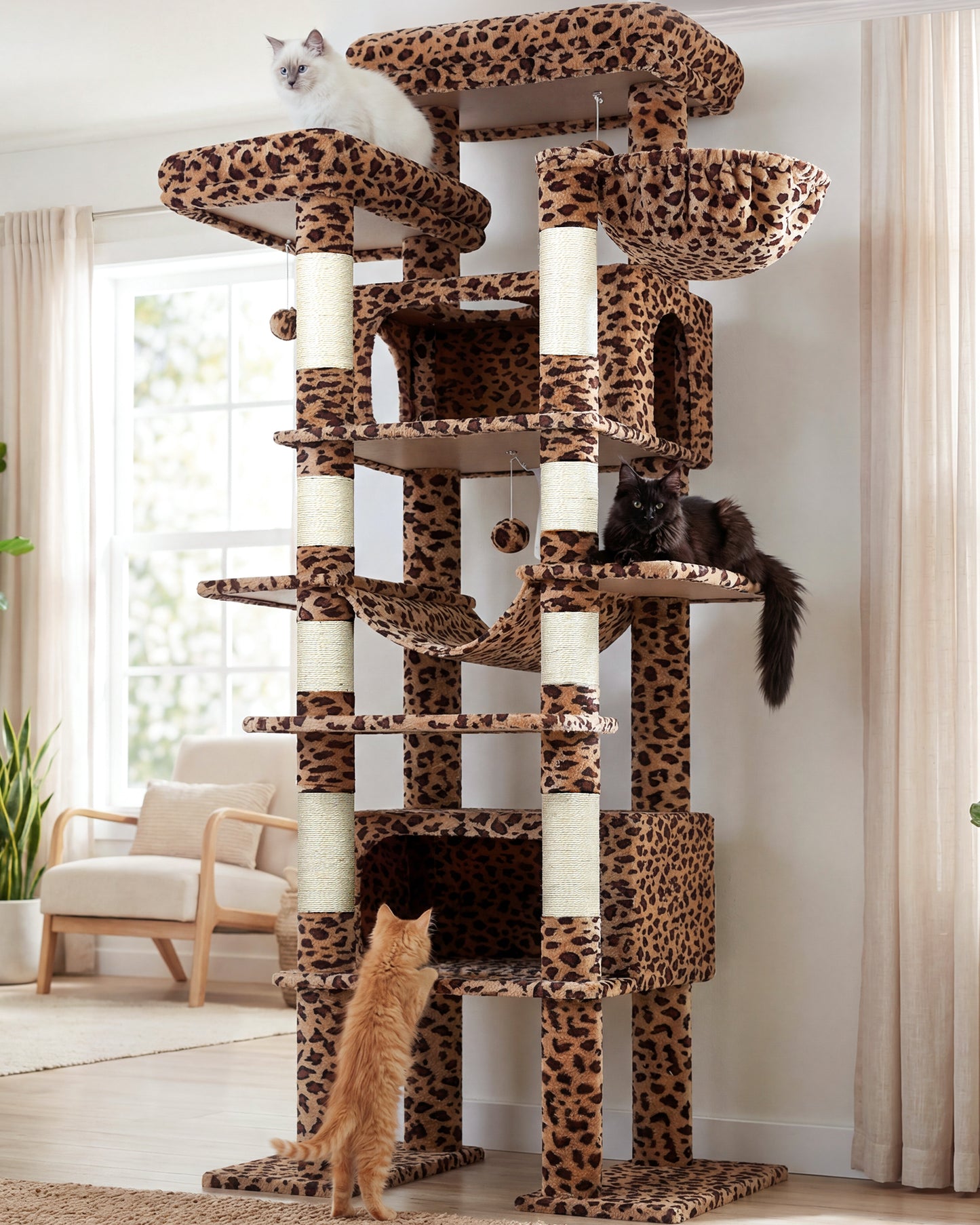 Globlazer XXL Giant Cat Tree, 83 Inch Heavy Duty Tall Cat Tower for Indoor Cats Large Adult, Multi-Level Large Cat Condo with 8 Scratching Posts, Hammock, 2 Cat Caves, 2 Platform, F83B, Leopard Print