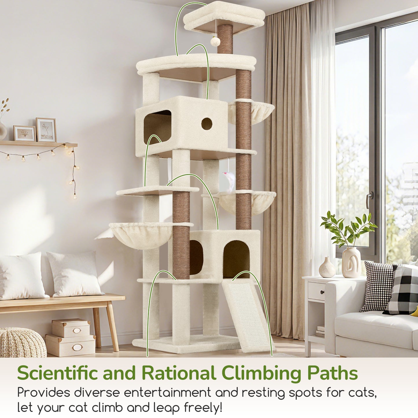 Globlazer Giant Cat Tree, 83 Inch Heavy Duty Tall Cat Tower with 7 Scratching Posts, Multi-Level Large Cat Condo for Indoor Cats Large Adult, 2 Perchs, 3 Sturdy Baskets, Cat Toys, F83C, Beige
