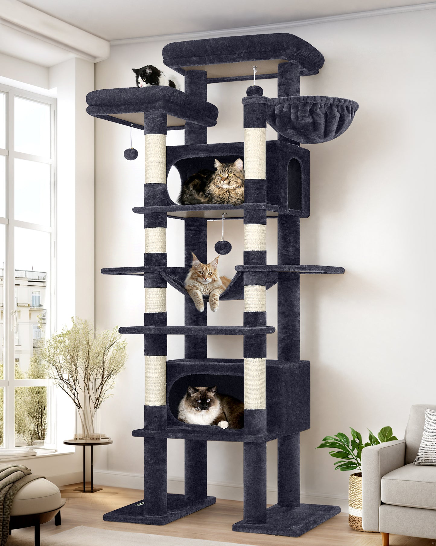 Globlazer XXL Giant Cat Tree, 83 Inch Heavy Duty Tall Cat Tower for Indoor Cats Large Adult, Multi-Level Large Cat Condo with 8 Scratching Posts, Hammock, 2 Cat Caves, 2 Platform, F83B, Dark Grey