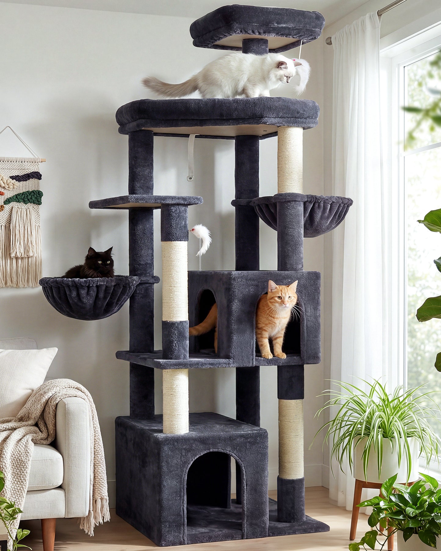 Globlazer Sturdy Cat Tree, 68-inch Large Cat Tower for Indoor Adult Cats 20 lbs Heavy Duty Cat Tree for Big Cats with Extra Large Platform, 5 Scratching Post, S68, Dark Grey