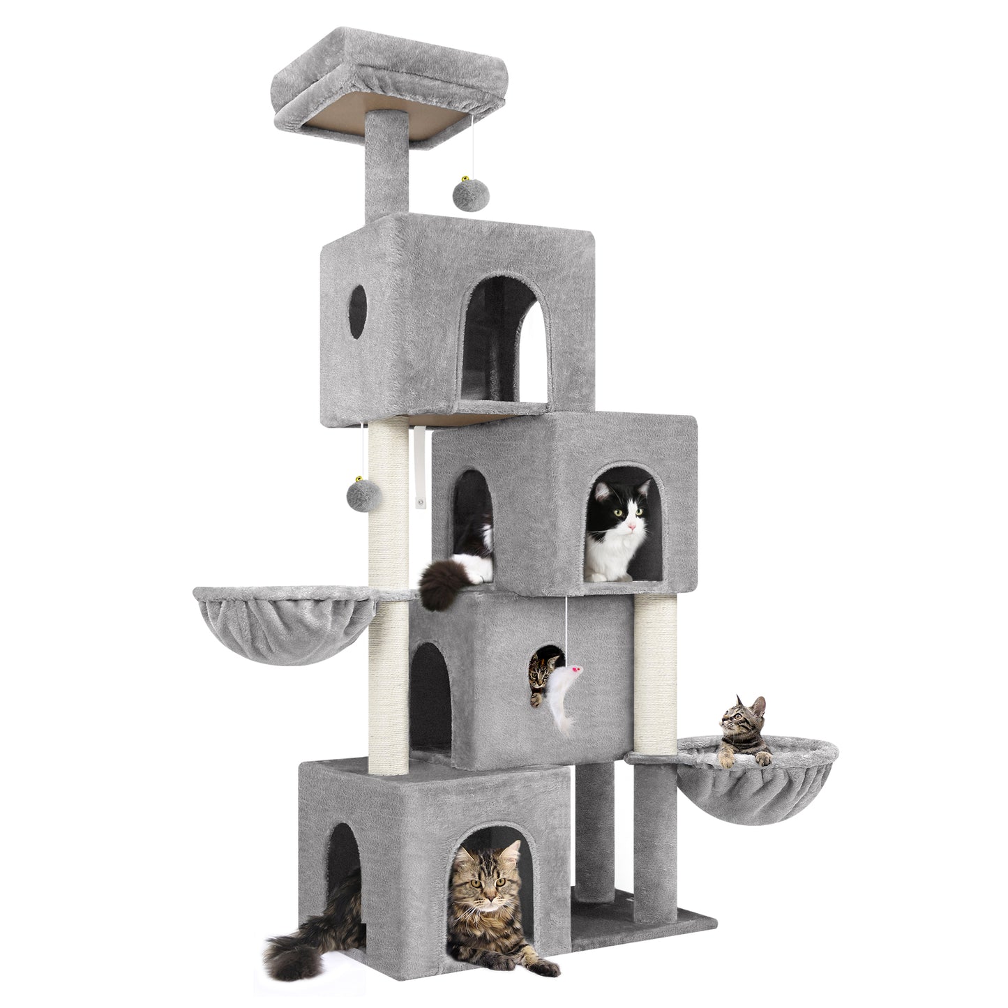 Globlazer Cat Tree Tower Cat Condo for Mutilple Indoor Cats, 70in Tall Cat Tree Furniture Activity Center with 4 Cat Condos, 3 Scratching Posts, 2 Hanging Baskets, Padded Top Perch, F70C, Light Gray